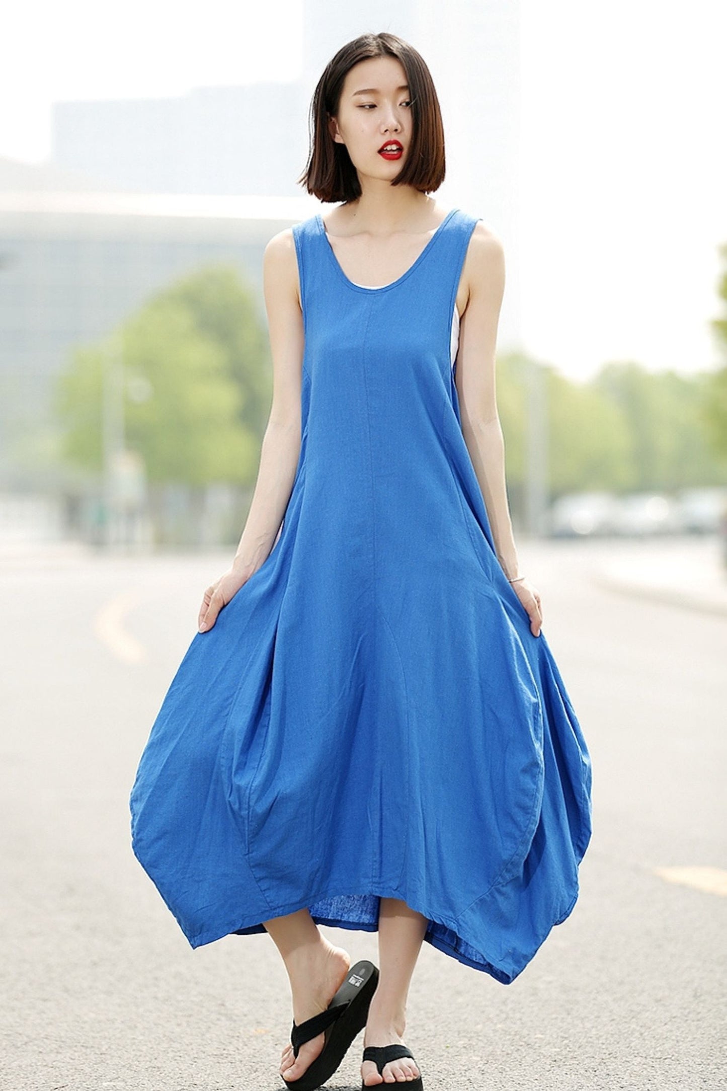 Linen long vest sleeveless dress C355
