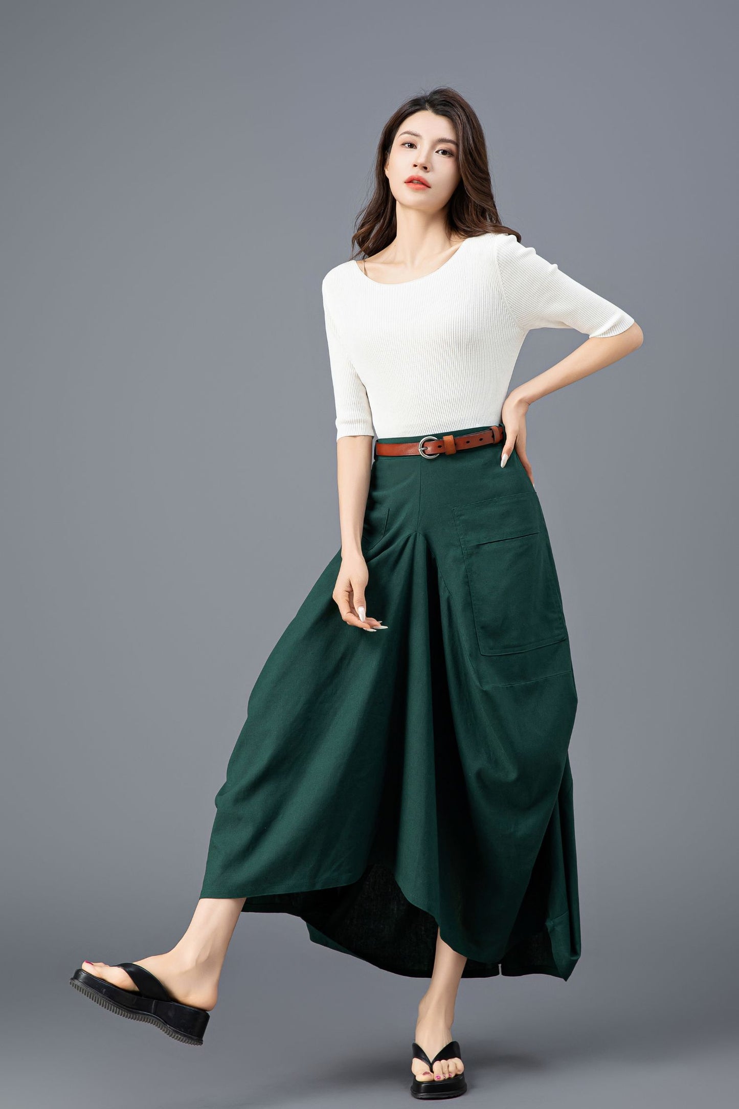Women's Green Asymmetrical Casual Linen Skirt C3919