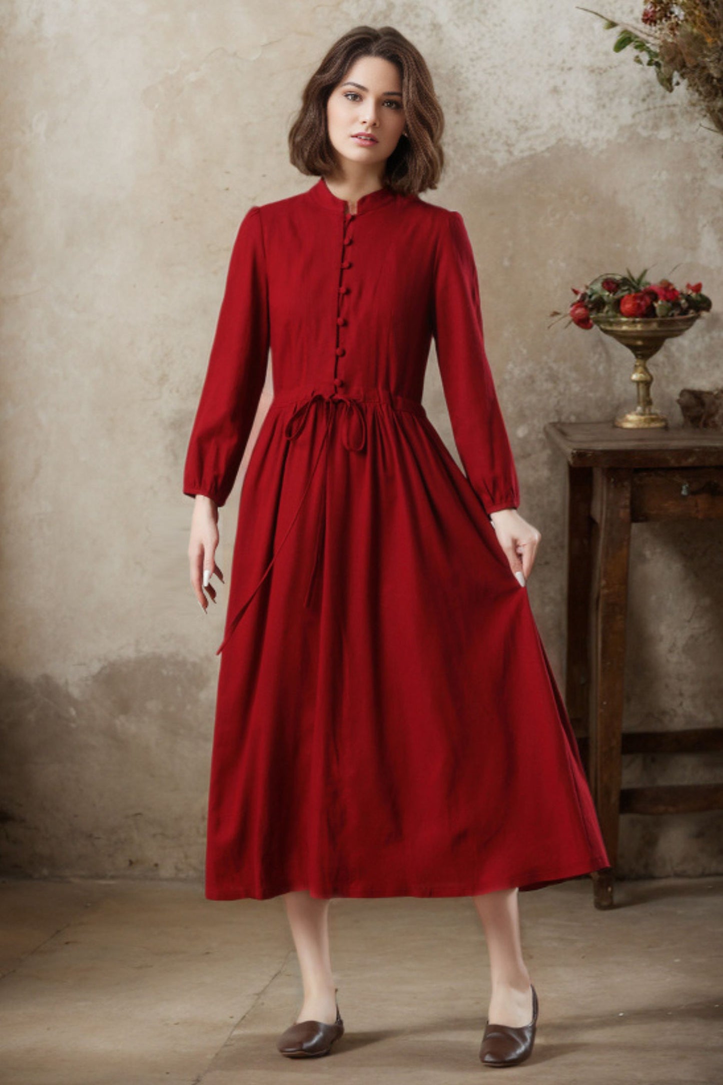 red linen dress with drawstring waist c4775