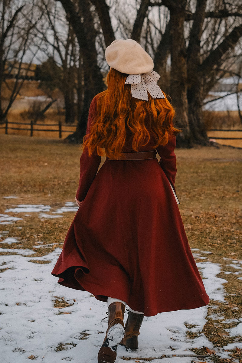 Burgundy midi swing wool Dress women C3810