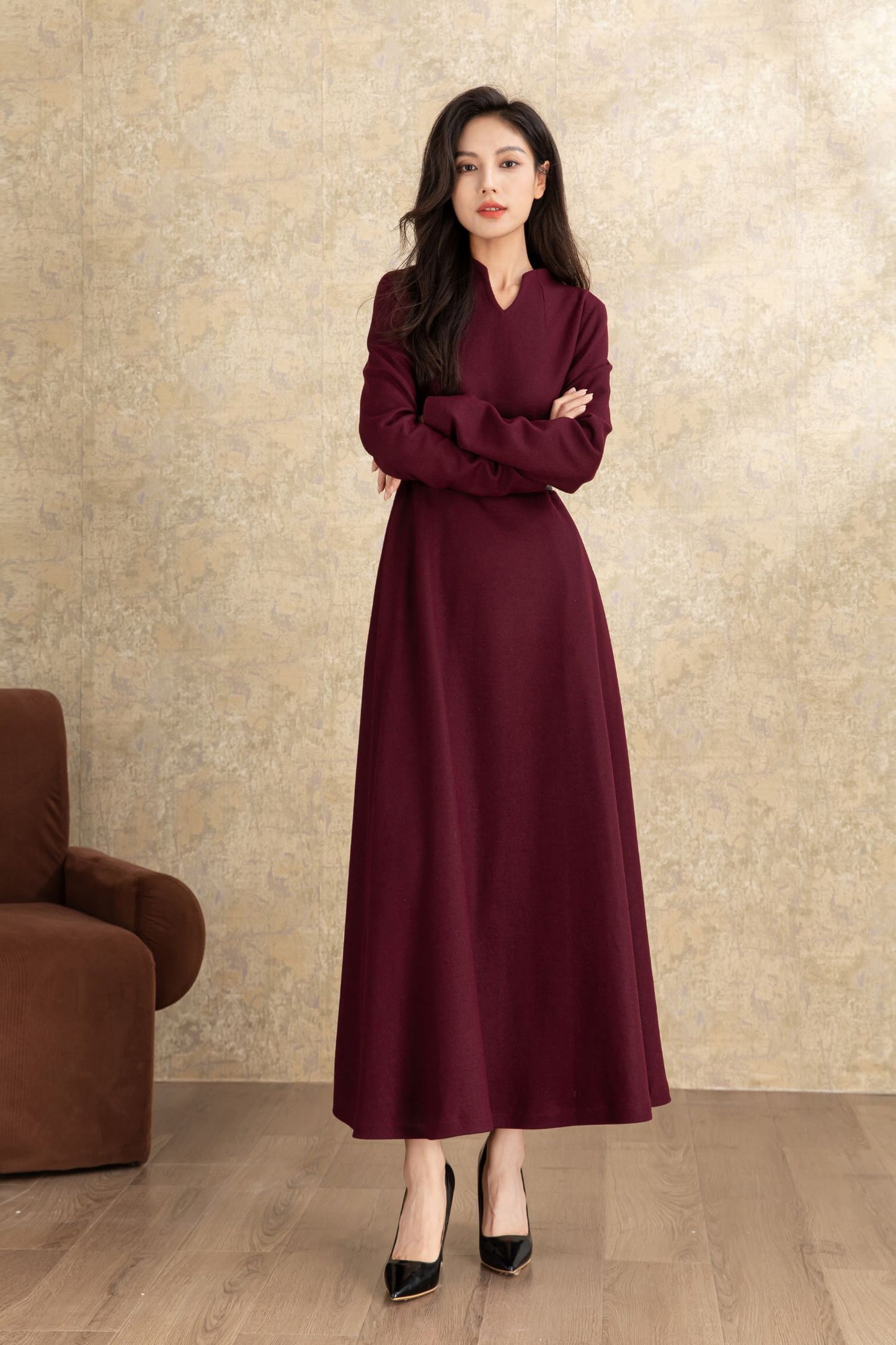Burgundy winter long wool dress women C4463