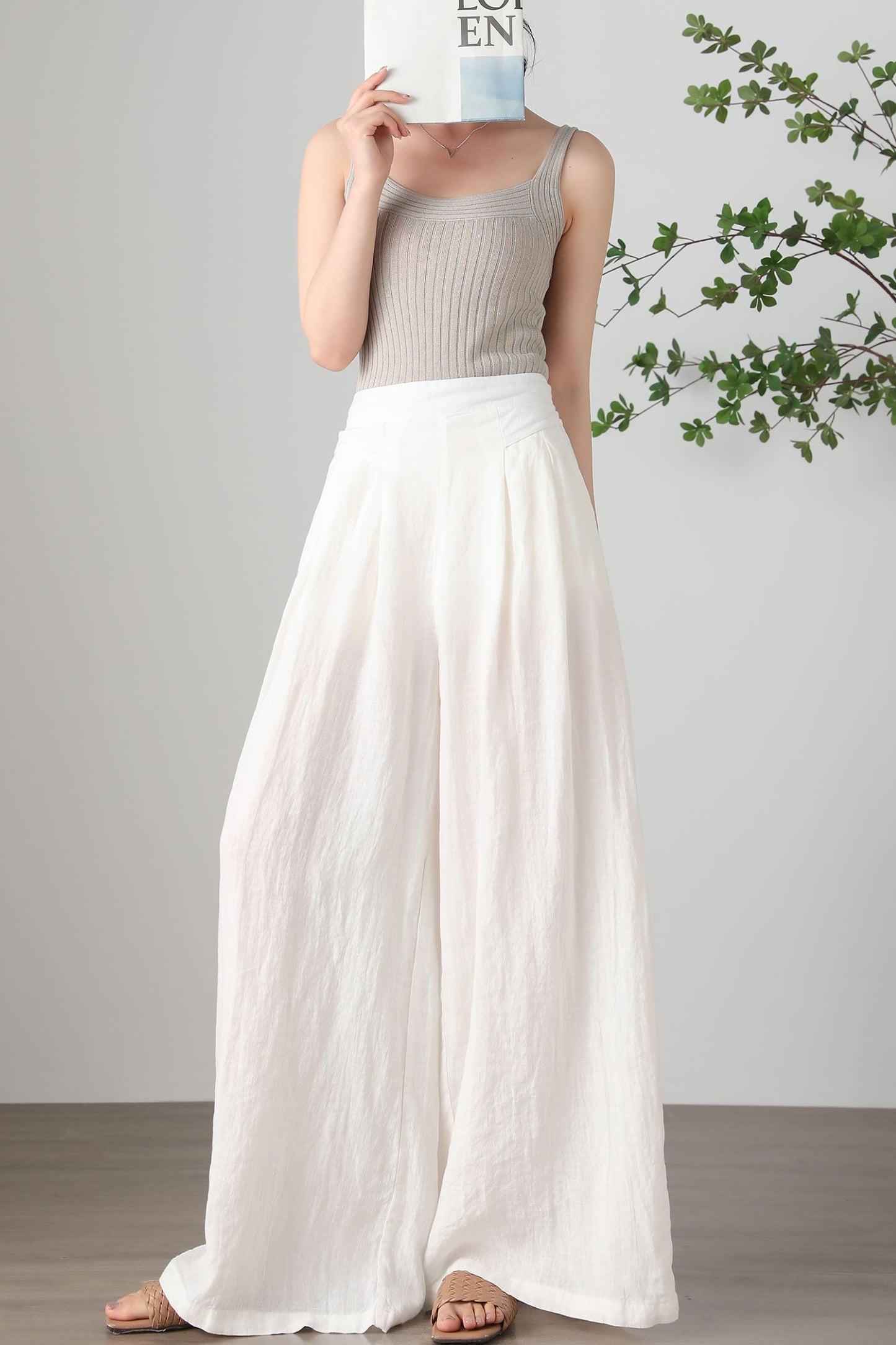 Women's Plus Size White Linen Pants C3257