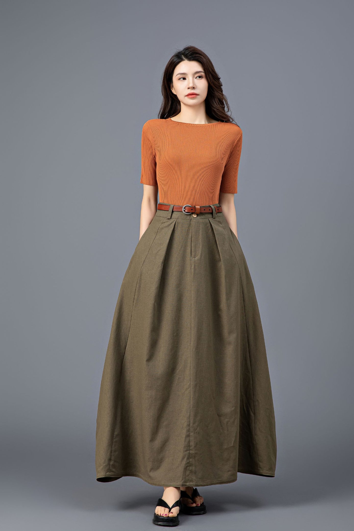 Elegant Army Green Maxi Skirt C3921