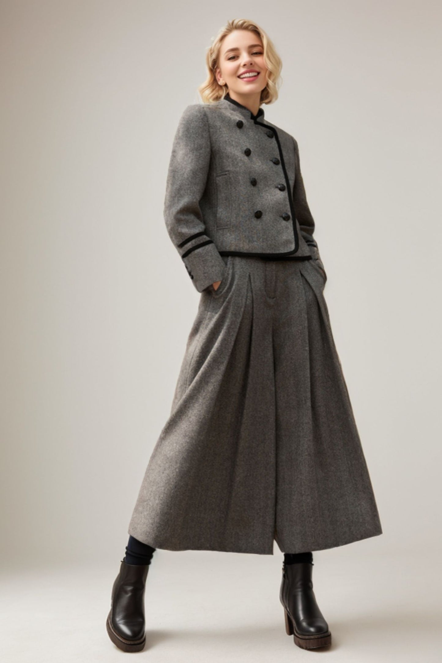 Pleated winter wide leg wool pants women TT0113
