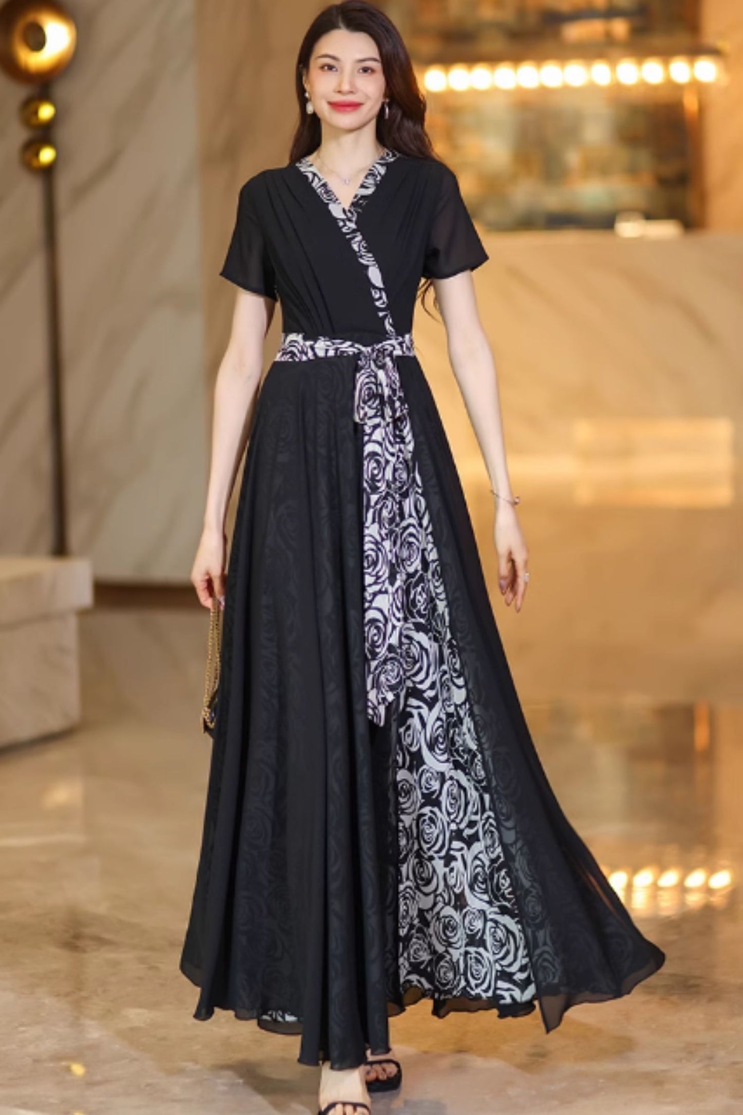 Swing block color maxi chiffon dress C4928