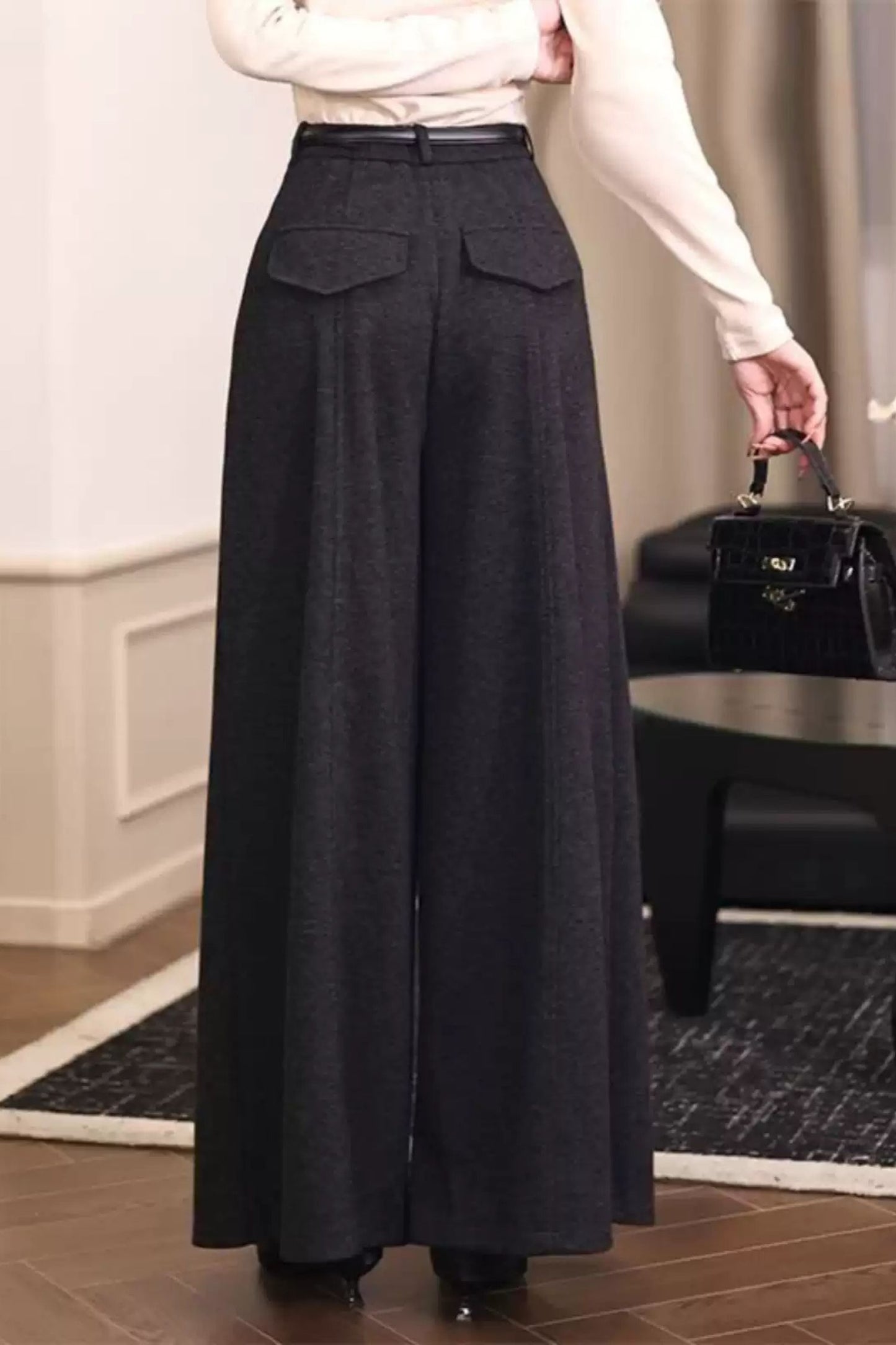 Gray wide leg long wool pants c5091