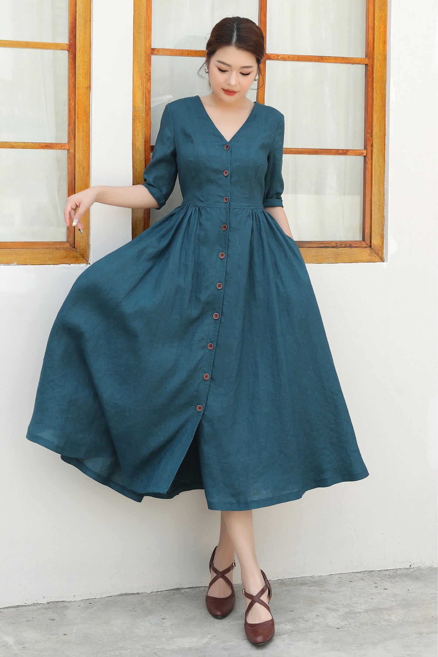 Button Front linen Midi dress c4839
