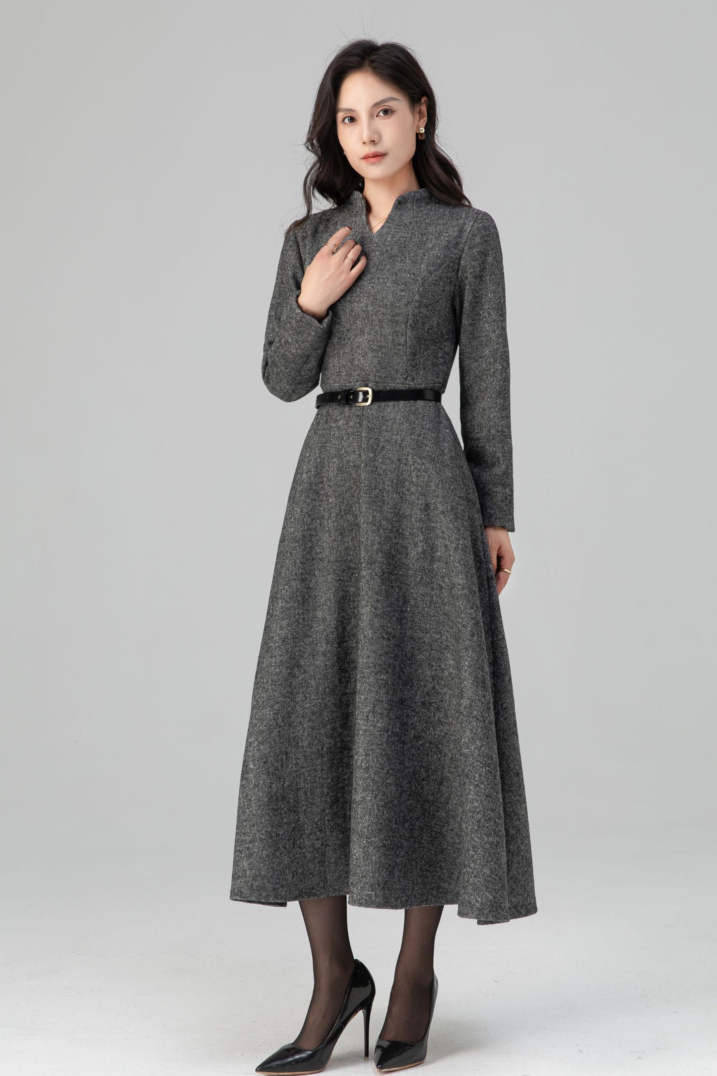 Warm Grey Long Sleeves Wool Maxi Dress C5204