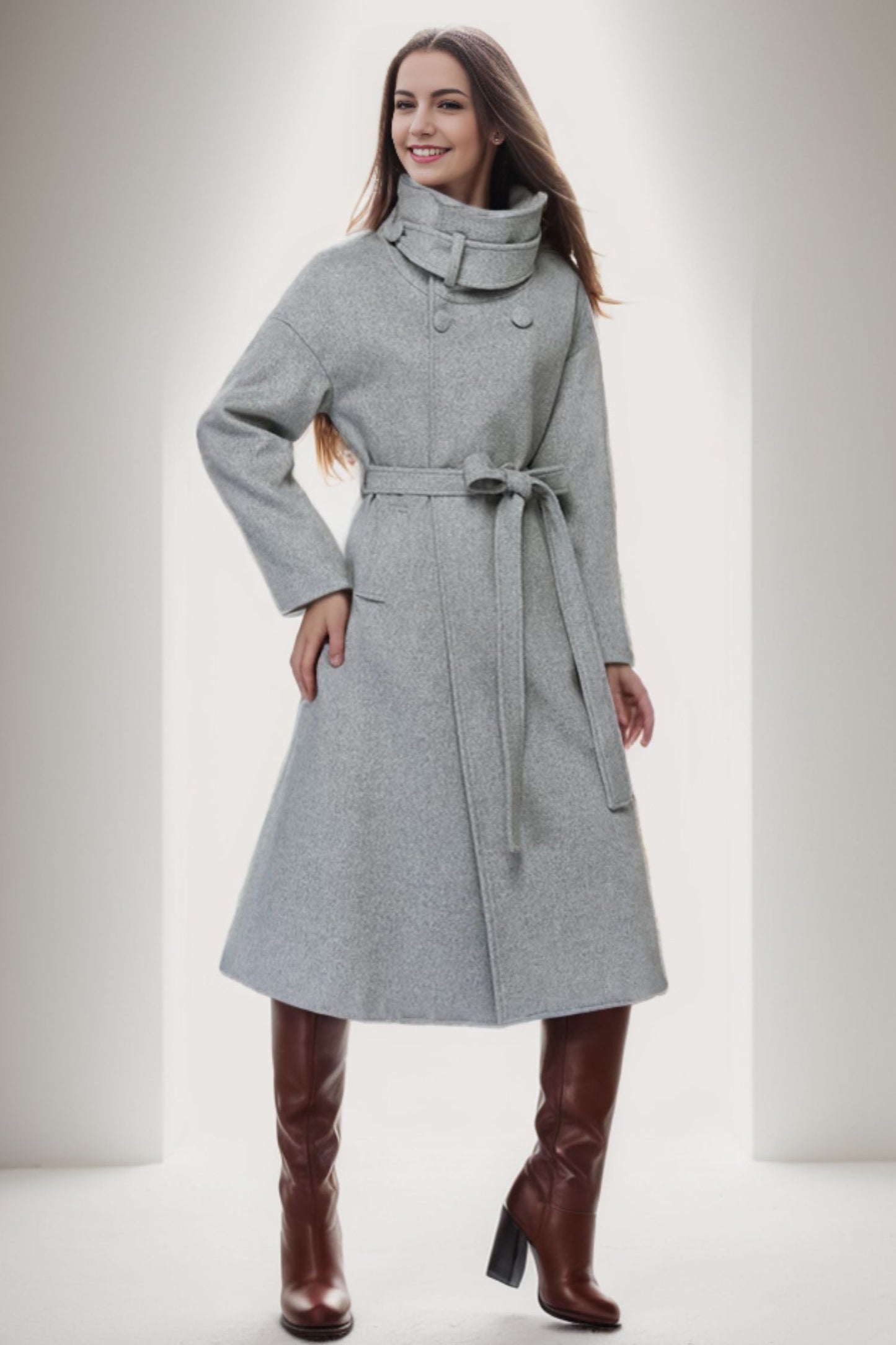 Midi wool gray trench belt coat C4274