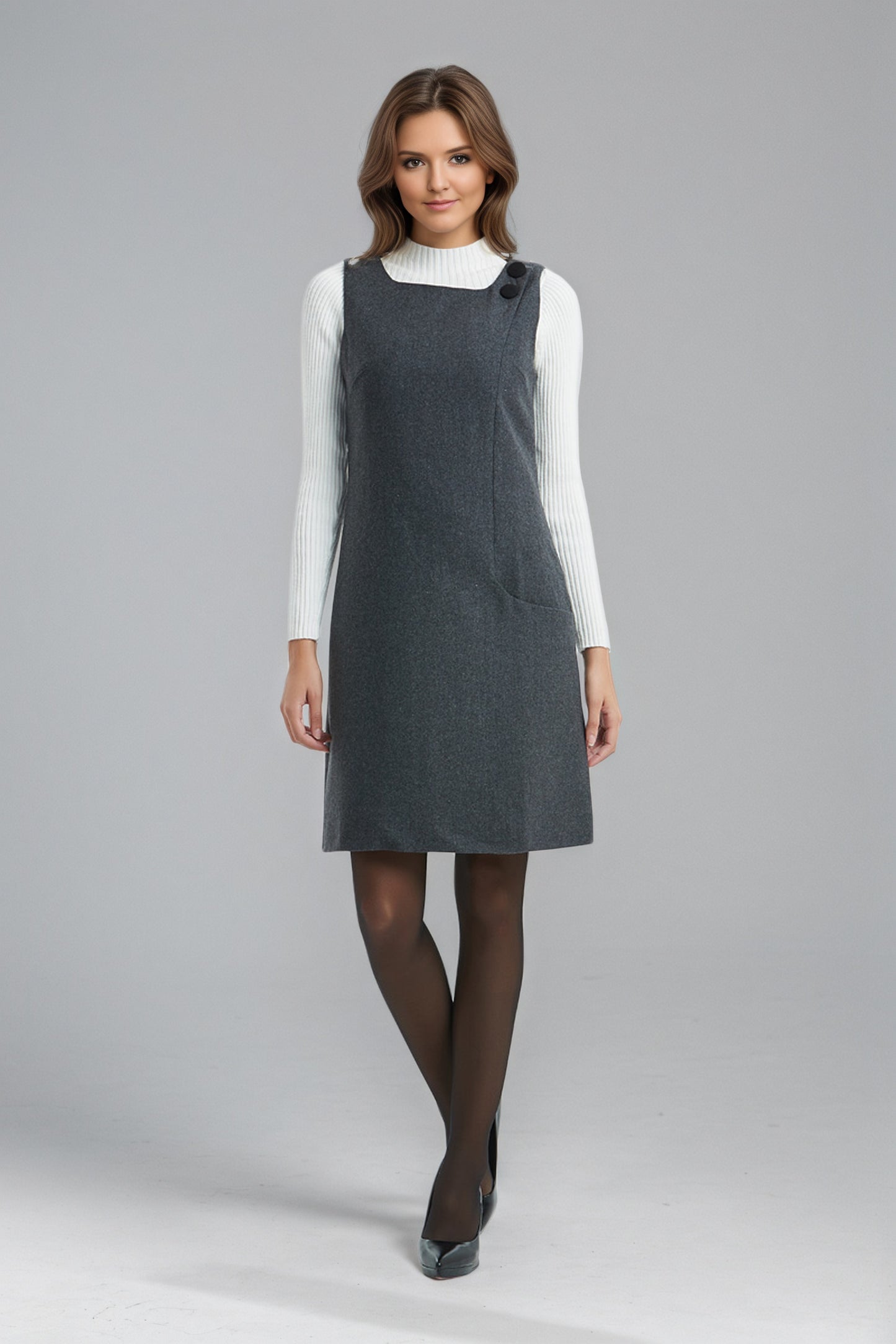 Sleeveless Apron Wool Dress,Women Knee-lengh Dress C5142