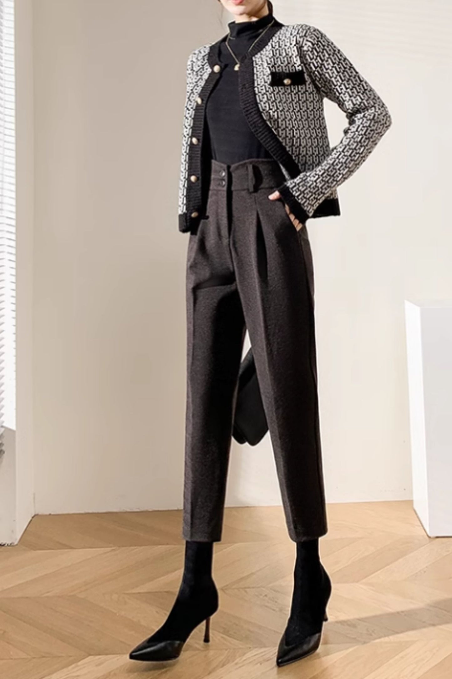 High waist long wool pants women C4643