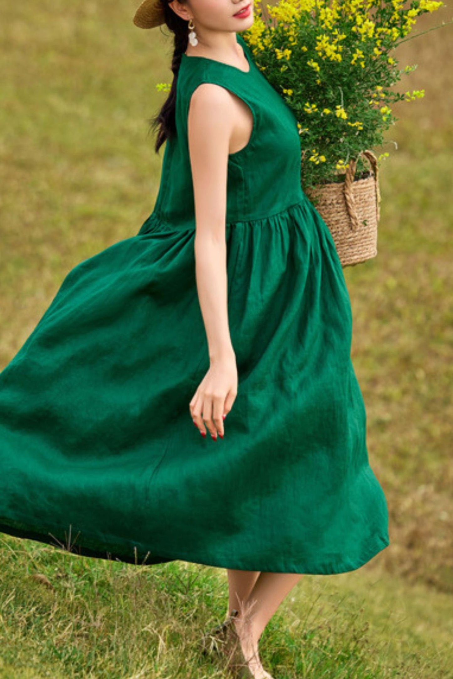 Cotton and linen  green loose sleeveless dress TT0029
