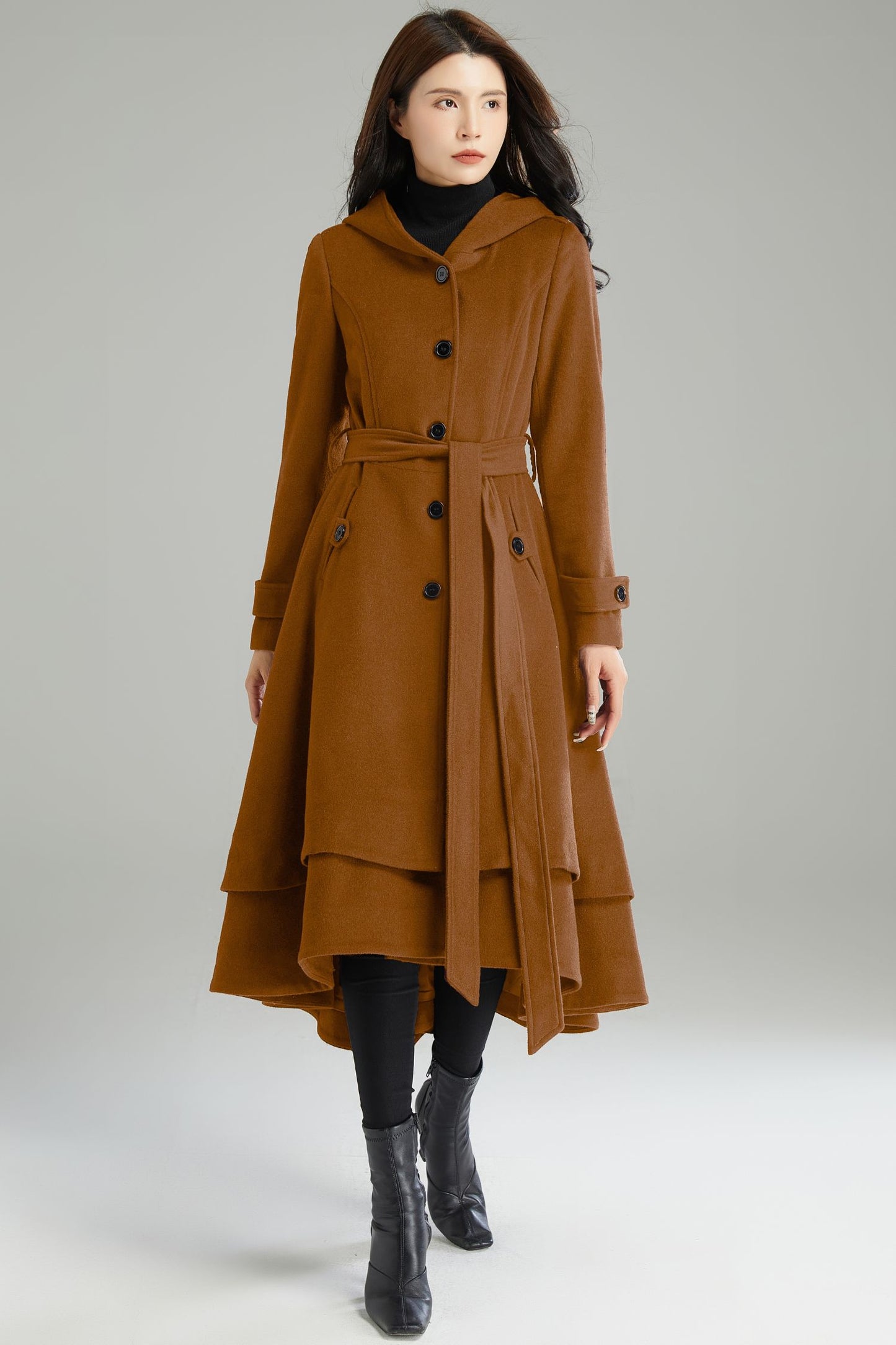 Dark Brown Hooded Wool Coat C4523