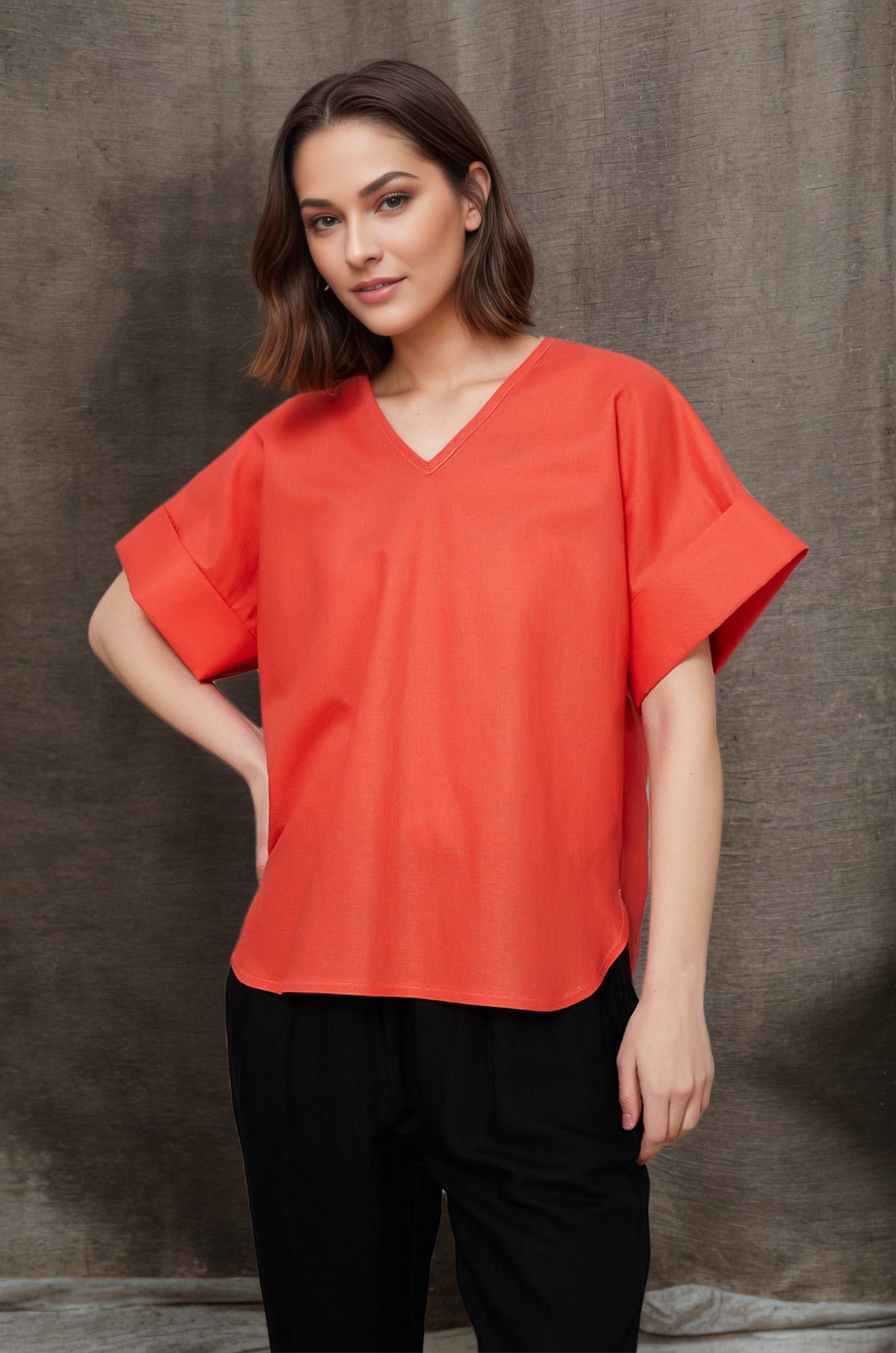 Women's Casual Orange Linen Tops C4845