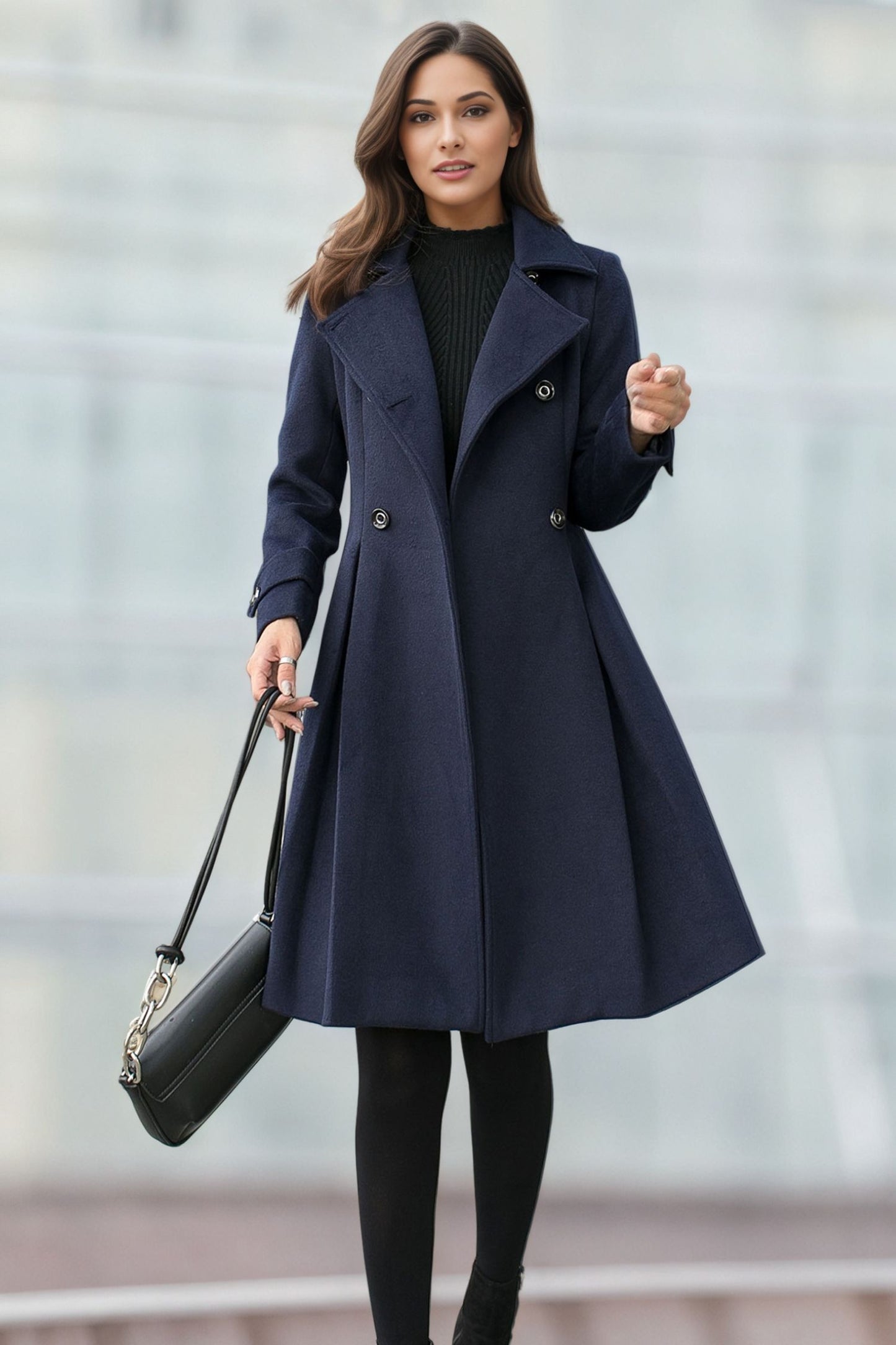 Navy blue Double Breasted Wool Coat C4956
