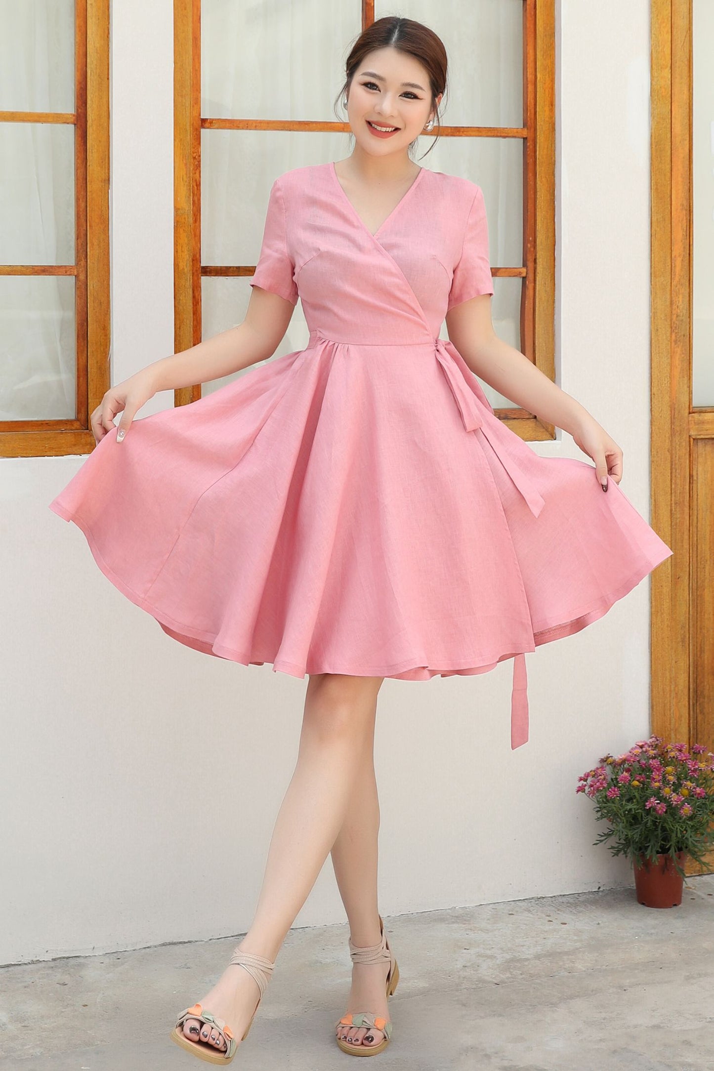 Pink Wrap summer Linen dress c4837