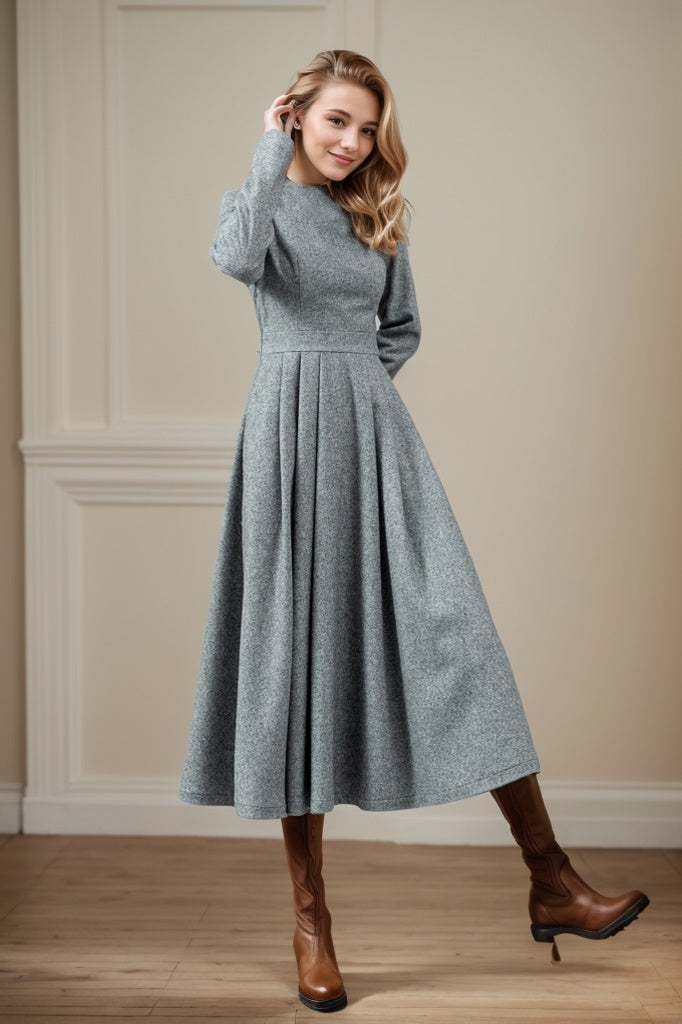 Women Swing Long Winter Wool Dress C4442