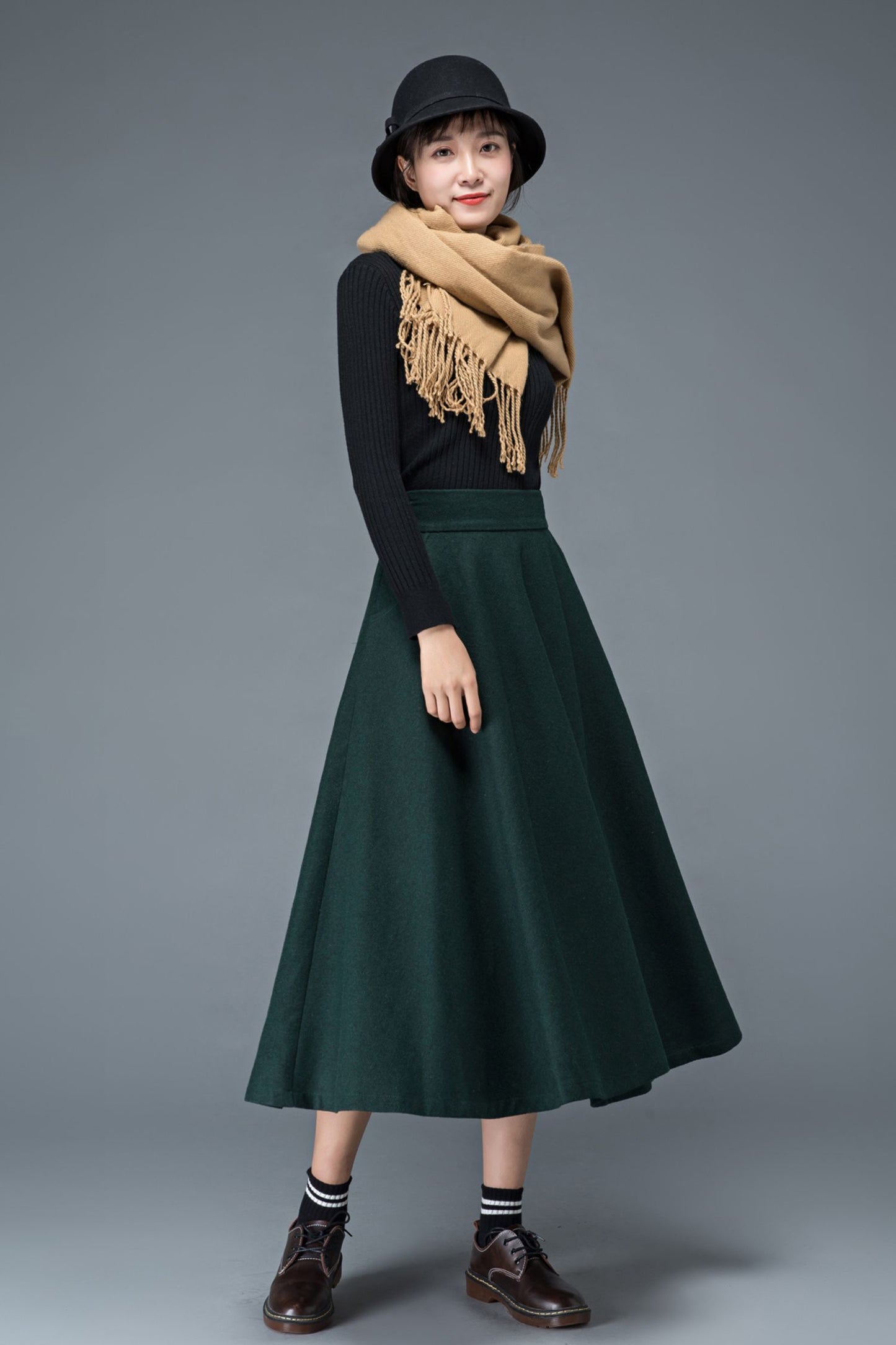 Green winter long wool skirt for women C1197