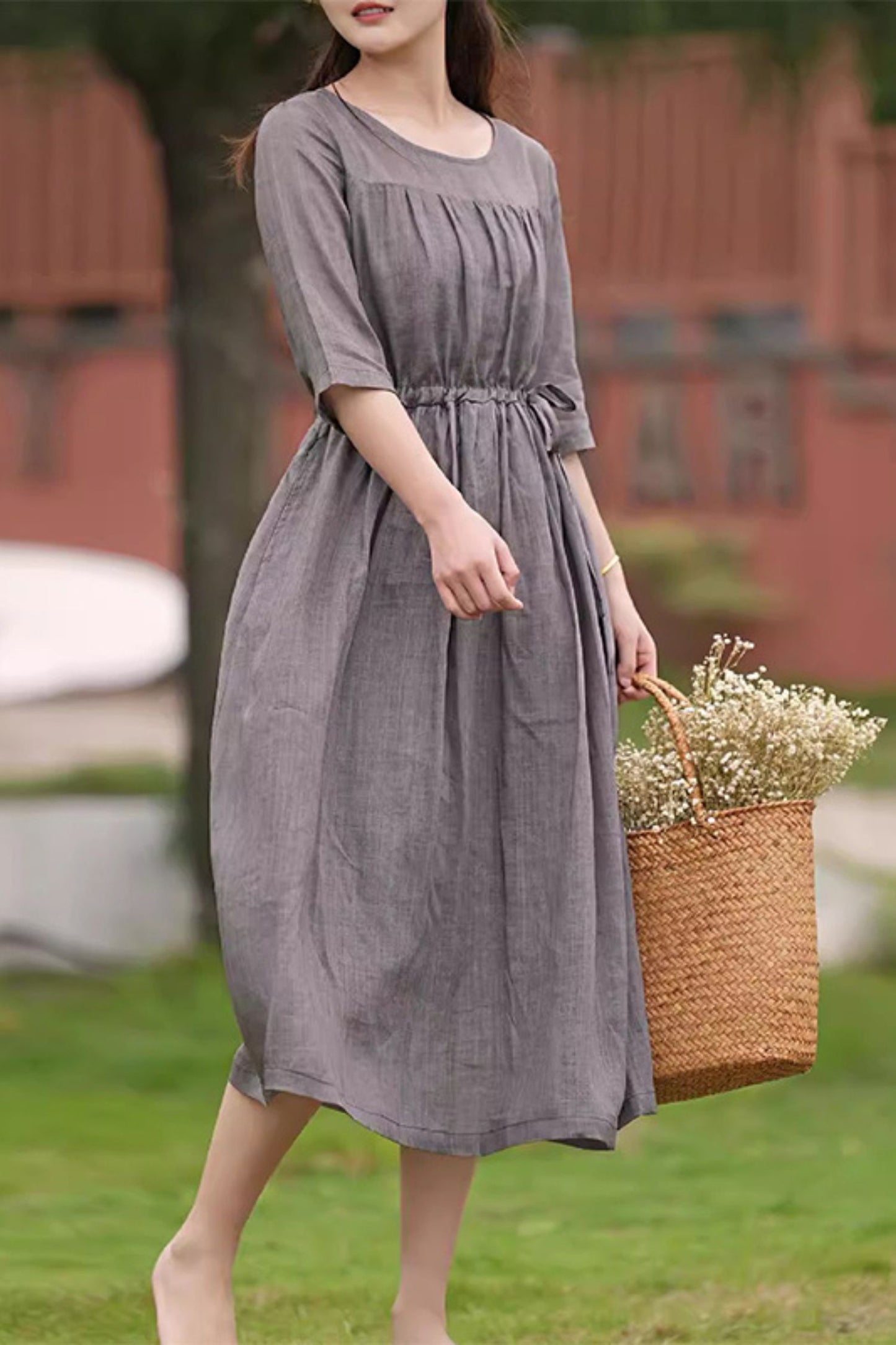 Grey Vintage Cotton Linen Dress C3892