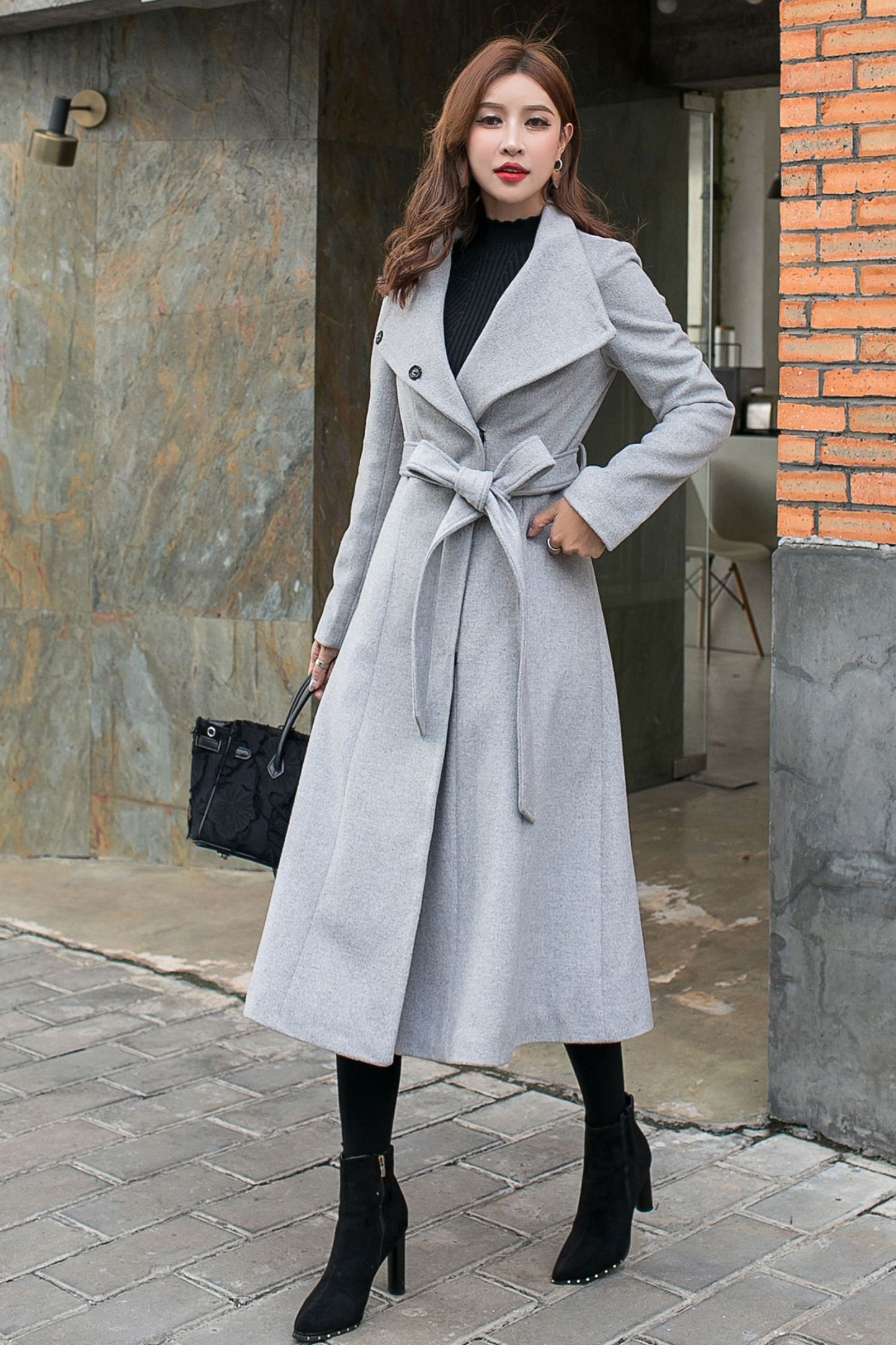 Grey Long Wool Wrap Coat Women C2575