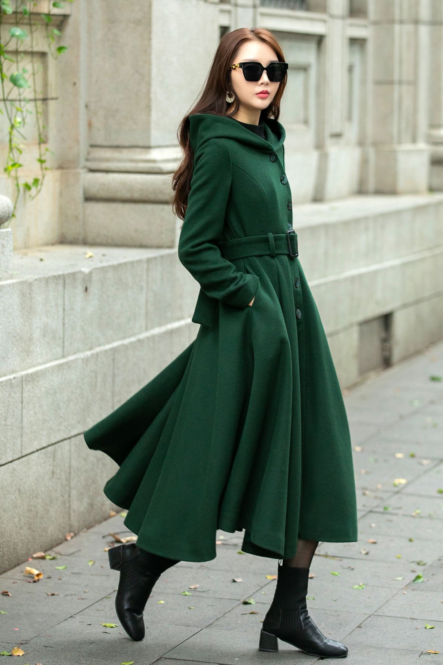 Swing green hooded wool coat C4503