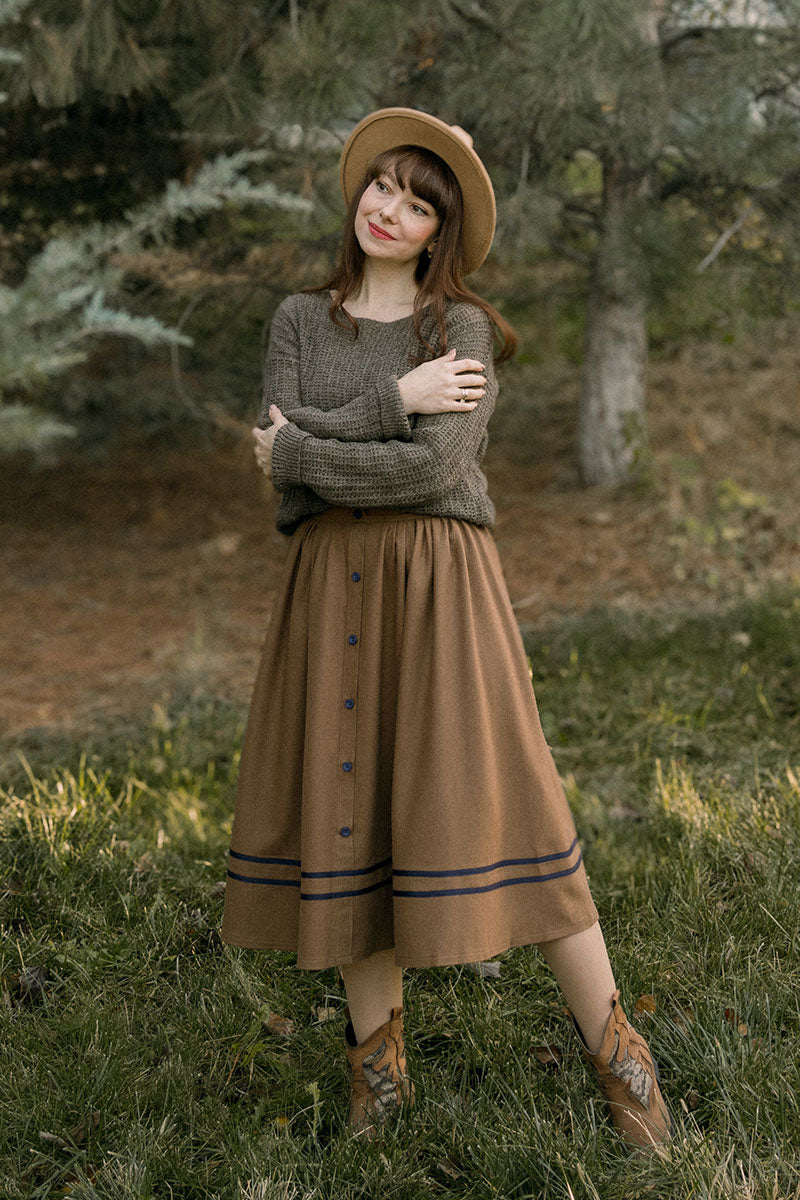 Button Brown wool Skirt for Women C3823