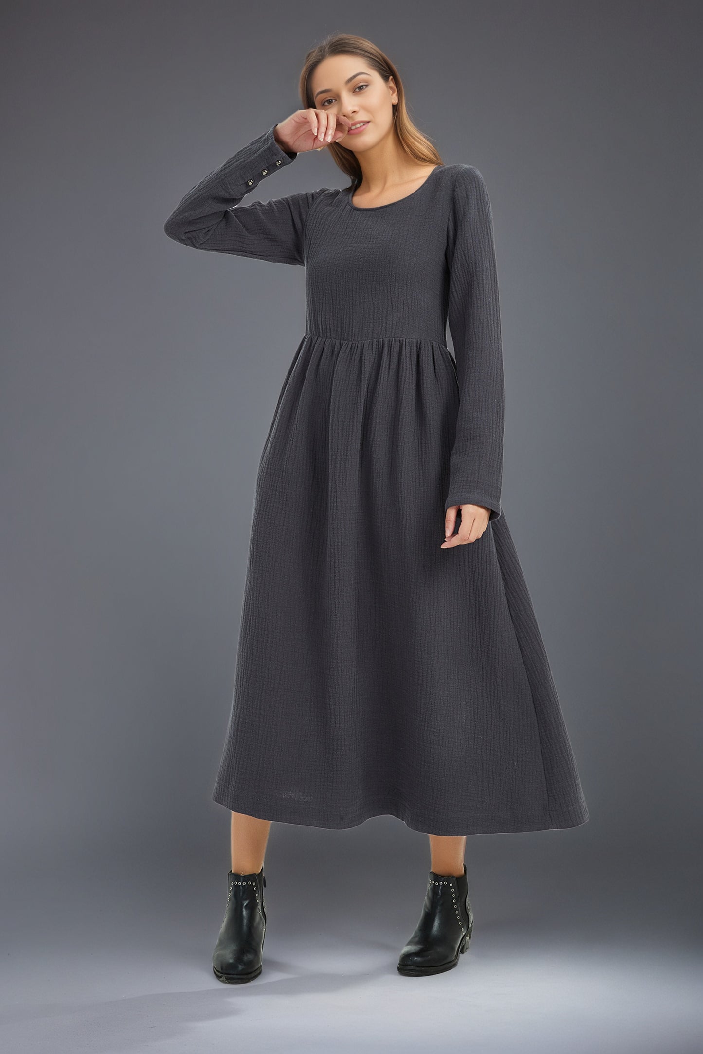 long women winter linen pockets dress C5133
