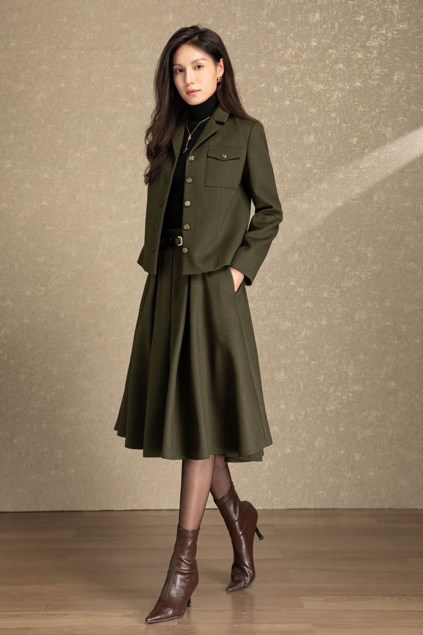 Army green short wool jacket coat C4488