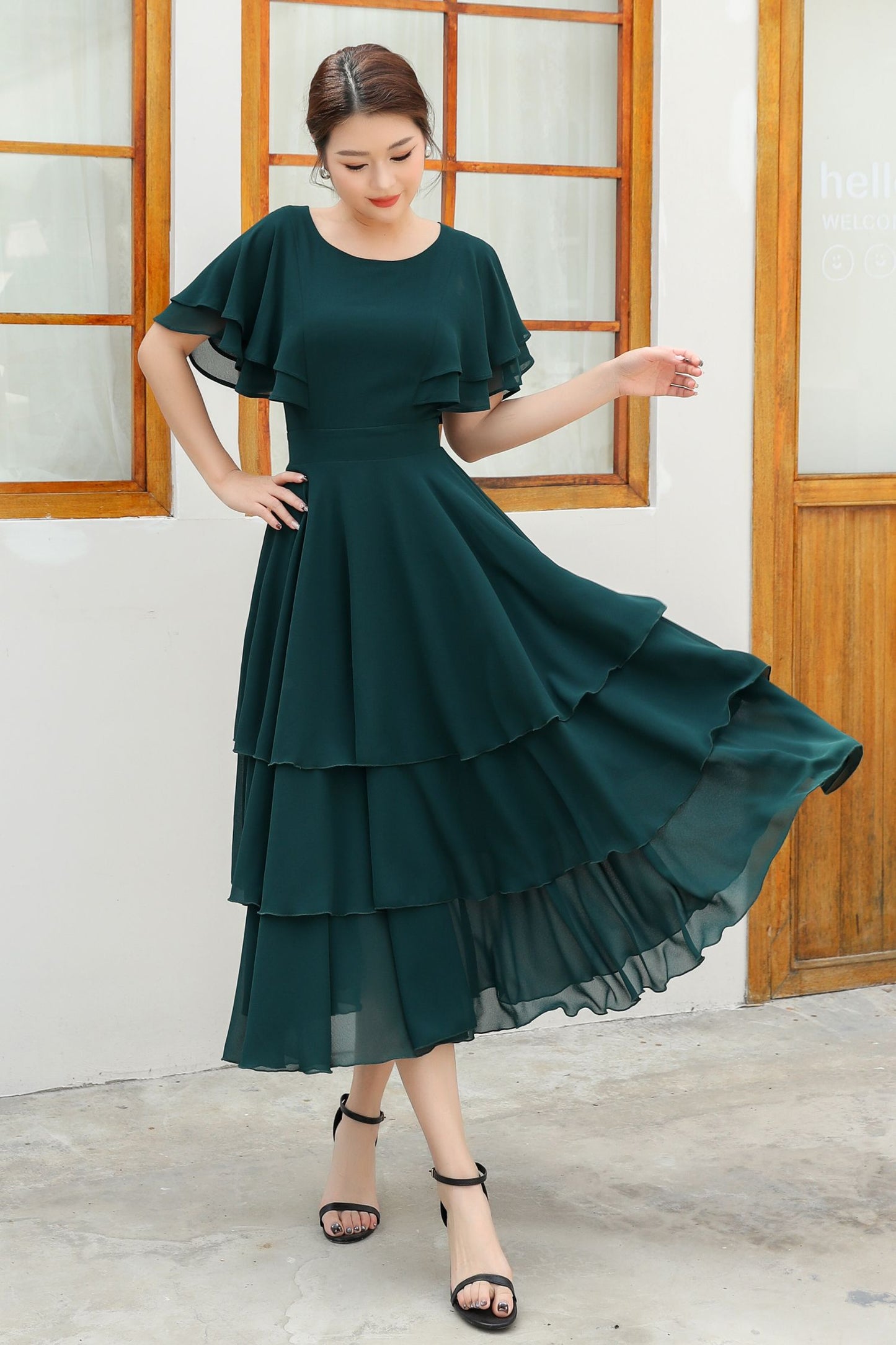 Green ruffle chiffon dress women C4832