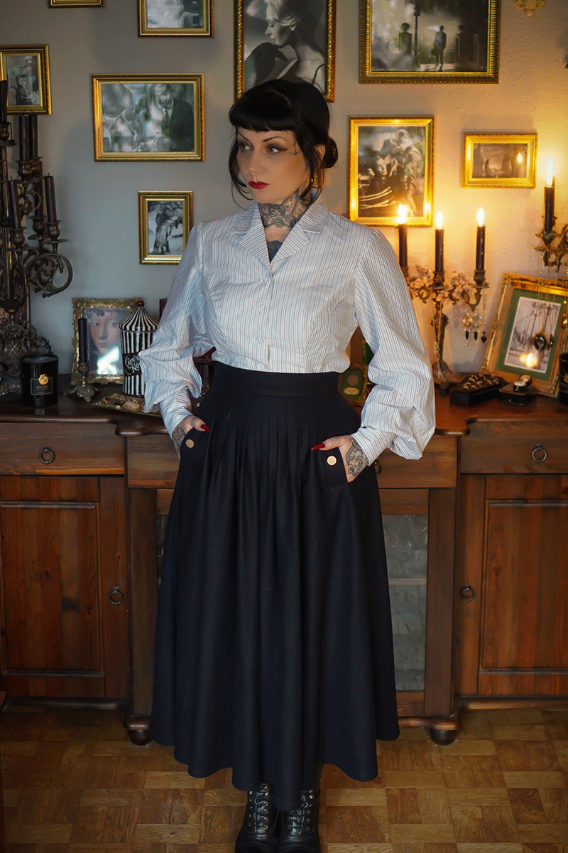 Navy Blue Midi Pleated Wool Skirt Women C3785