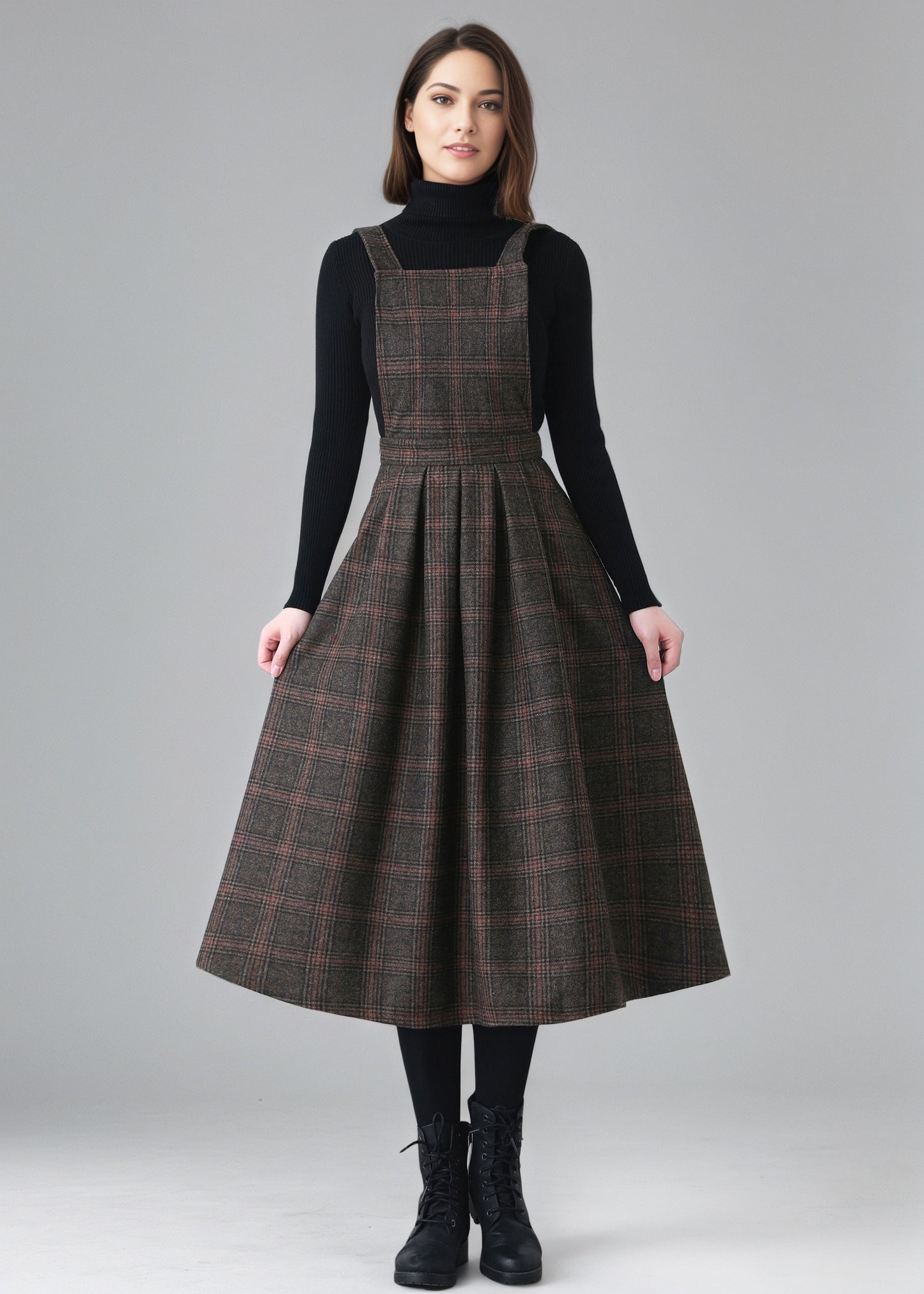 Plaid Wool Pinafore Pleated Dress,Winter Wool dress women C5151