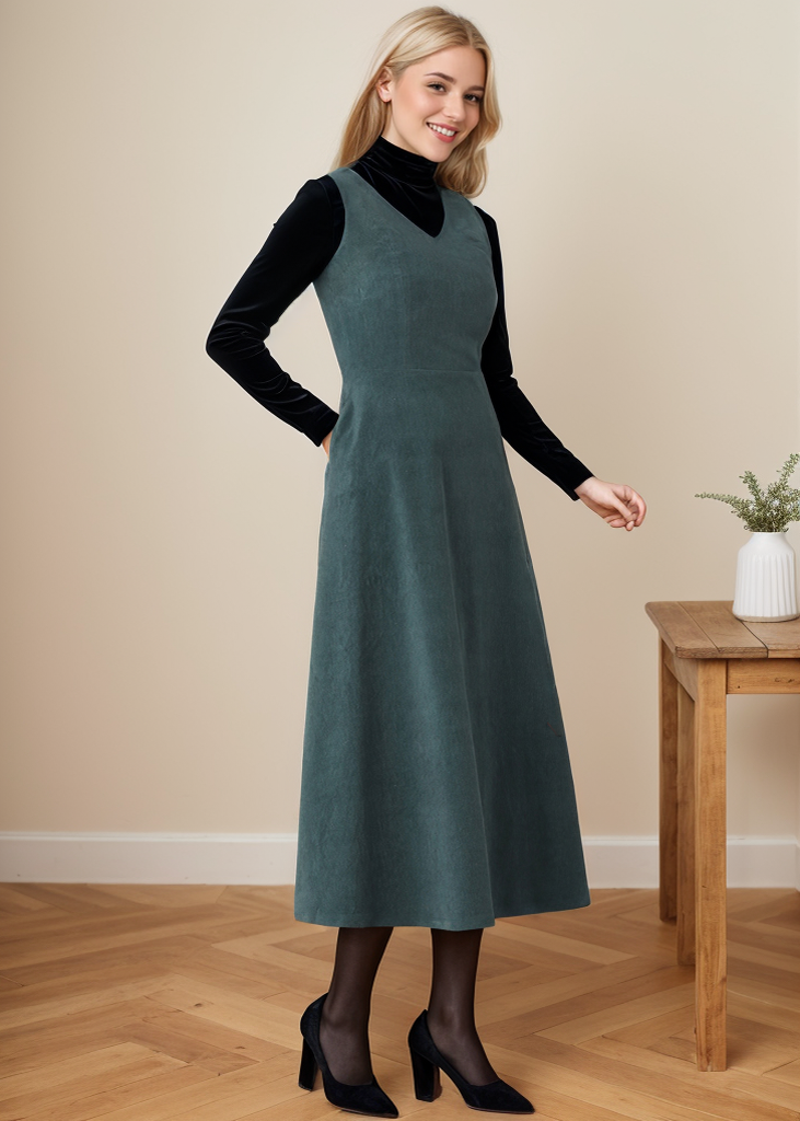 Green Sleeveless A-Line Corduroy dress C4361