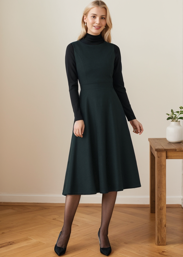 Swing Sleeveless Midi Pinafore Wool Dress C4360