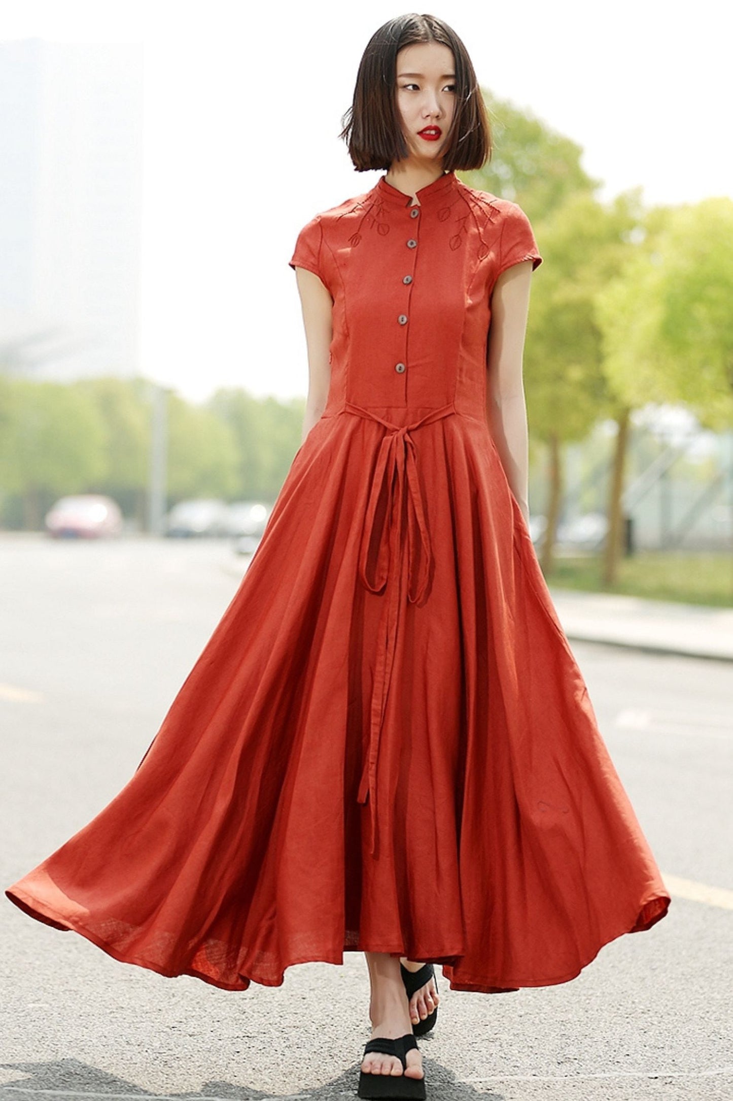 Linen maxi womens summer orange short sleeve dress C352