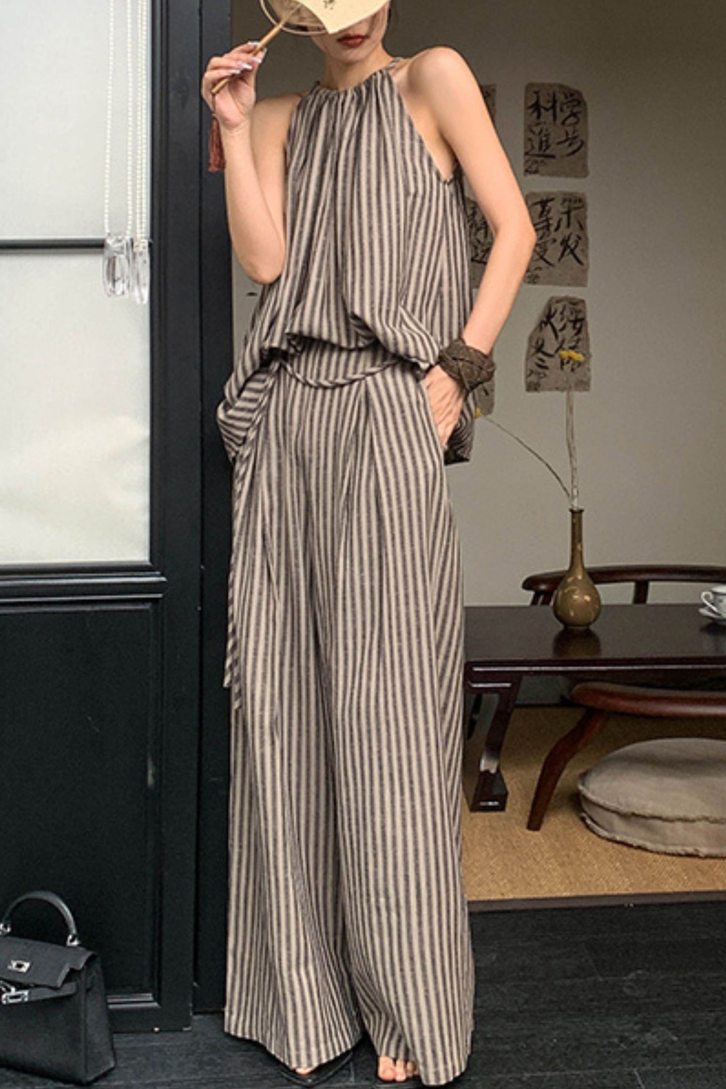 Curry Stripe High Waist Wide Leg Pants L0617