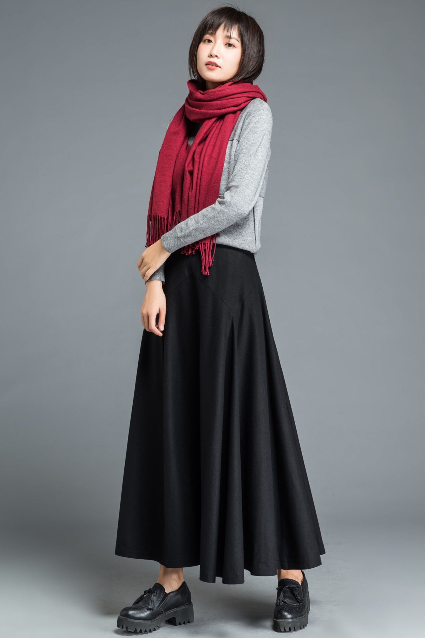 Maxi black winter long wool skirt women C1209