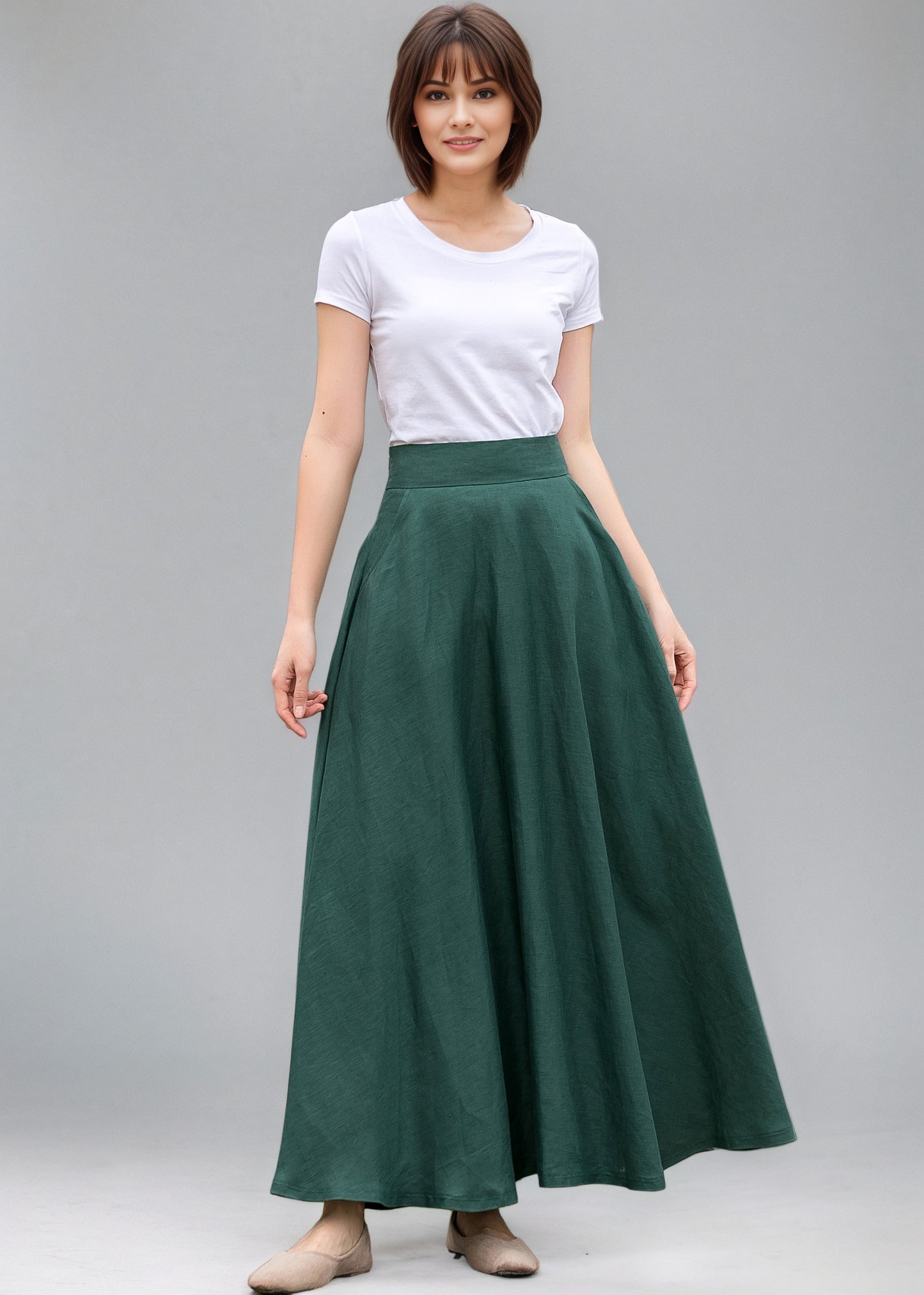 Summer Autumn Women Linen Skirt With Pockets C5145