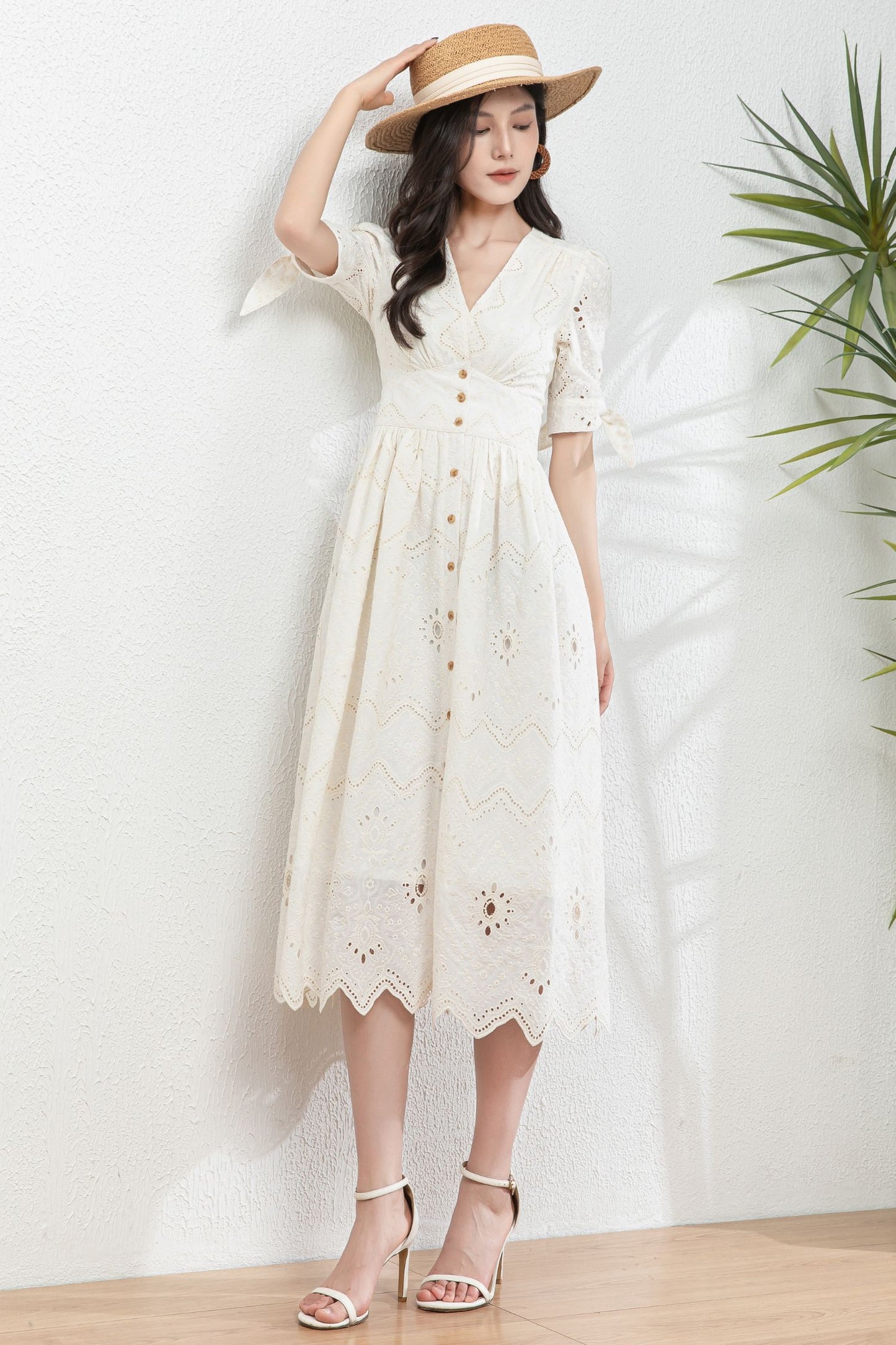 Cream White Embroidered Cotton Midi Dress c4980