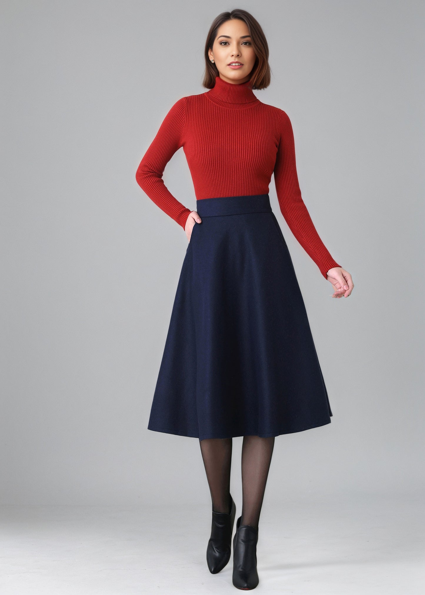 Dark Blue A Line High Waist Wool Skirt Women C5154