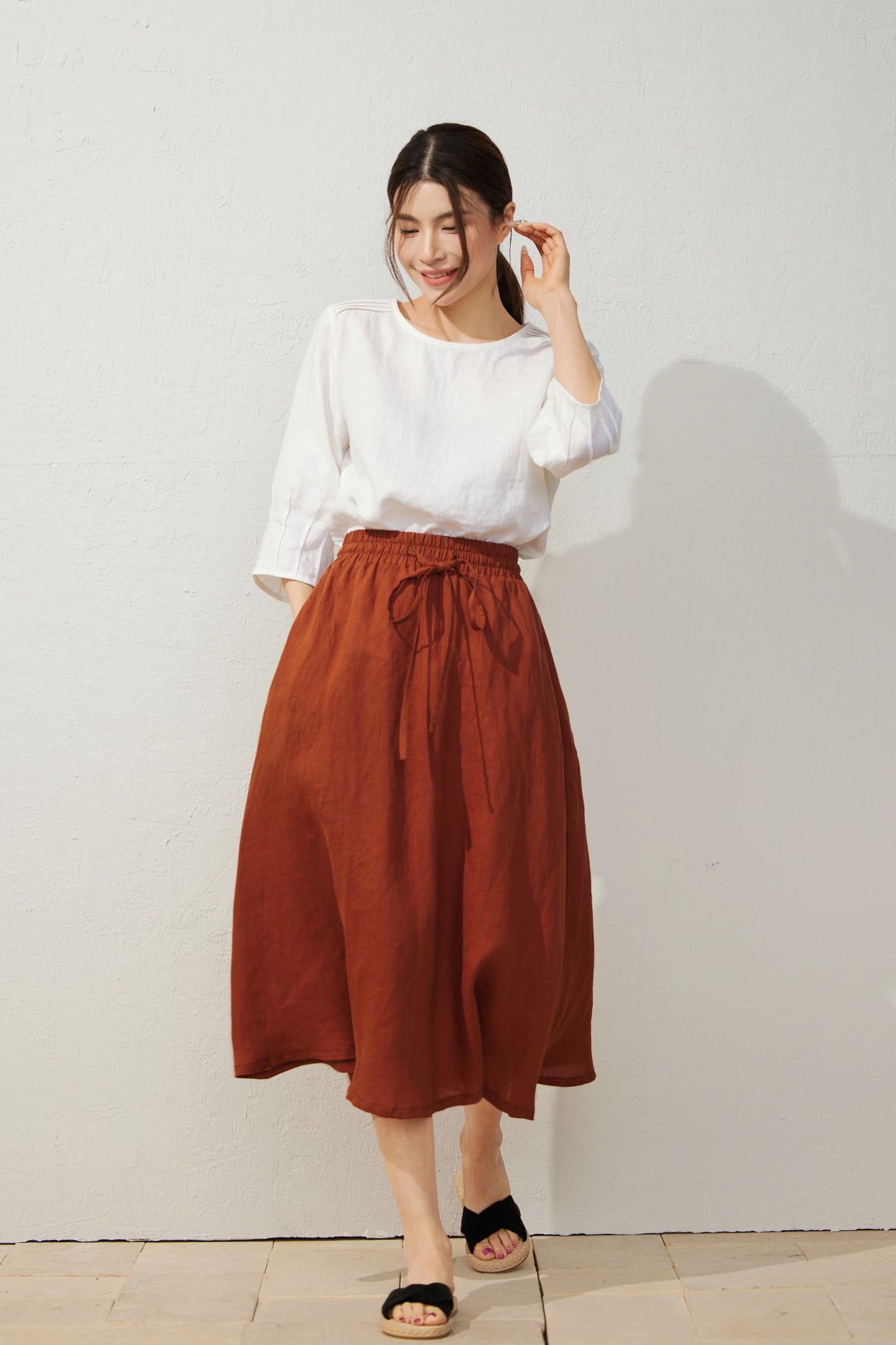 Elegant Orange Elastic Waist Skirt C3932