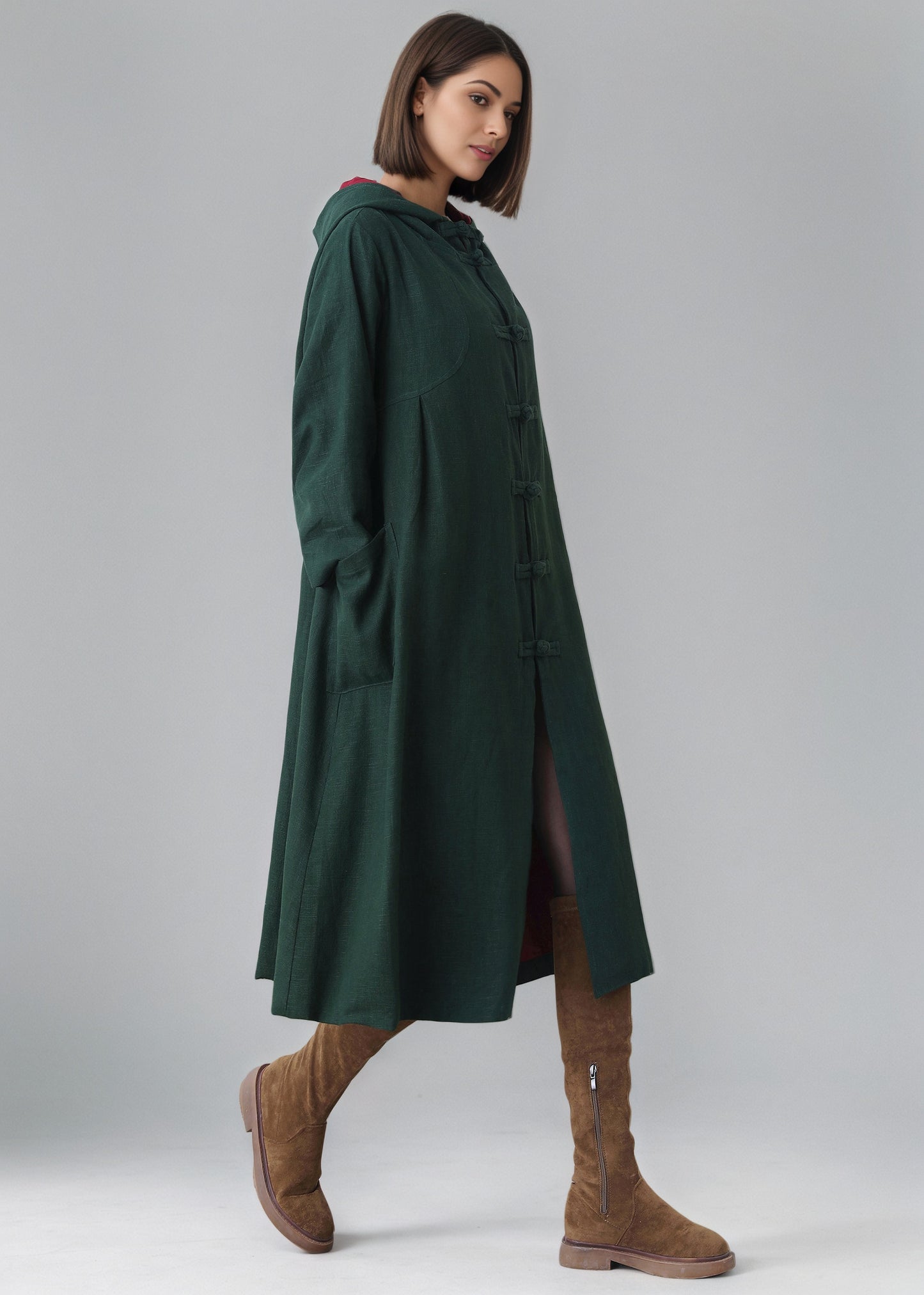 Women's Oversized Hooded Linen Jacket, Green Linen Cape Coat C5148