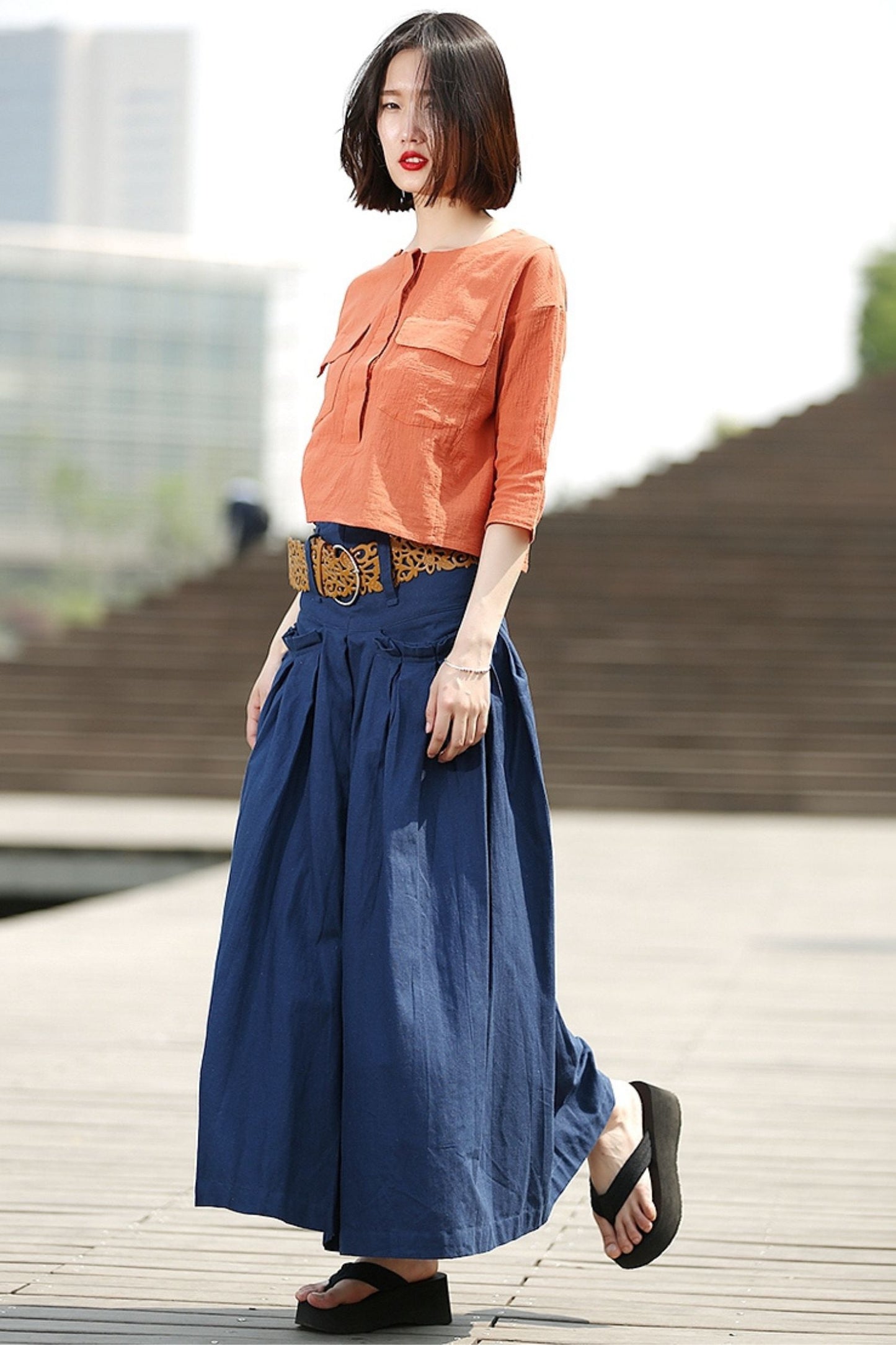 Blue Linen Maxi Summer Skirt with Deep Waistband & Pockets C364