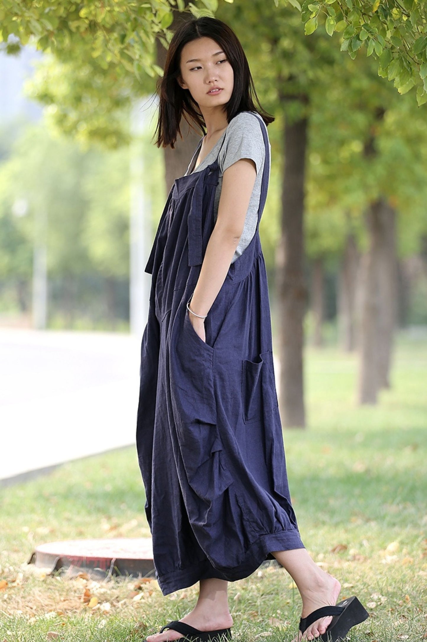 Linen Pinafore Blue Suspender Dress C278