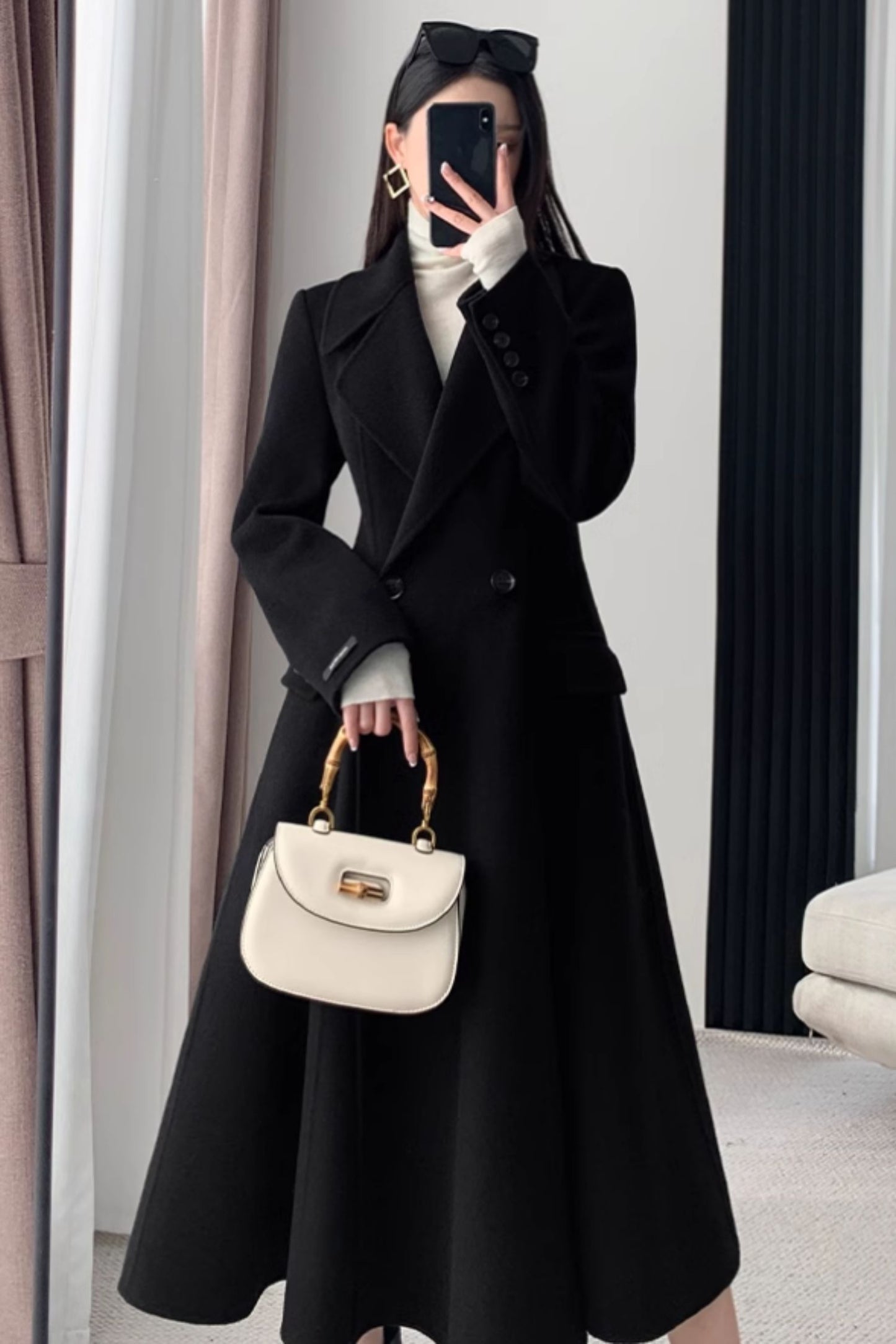 Long black winter wool coat women C4473