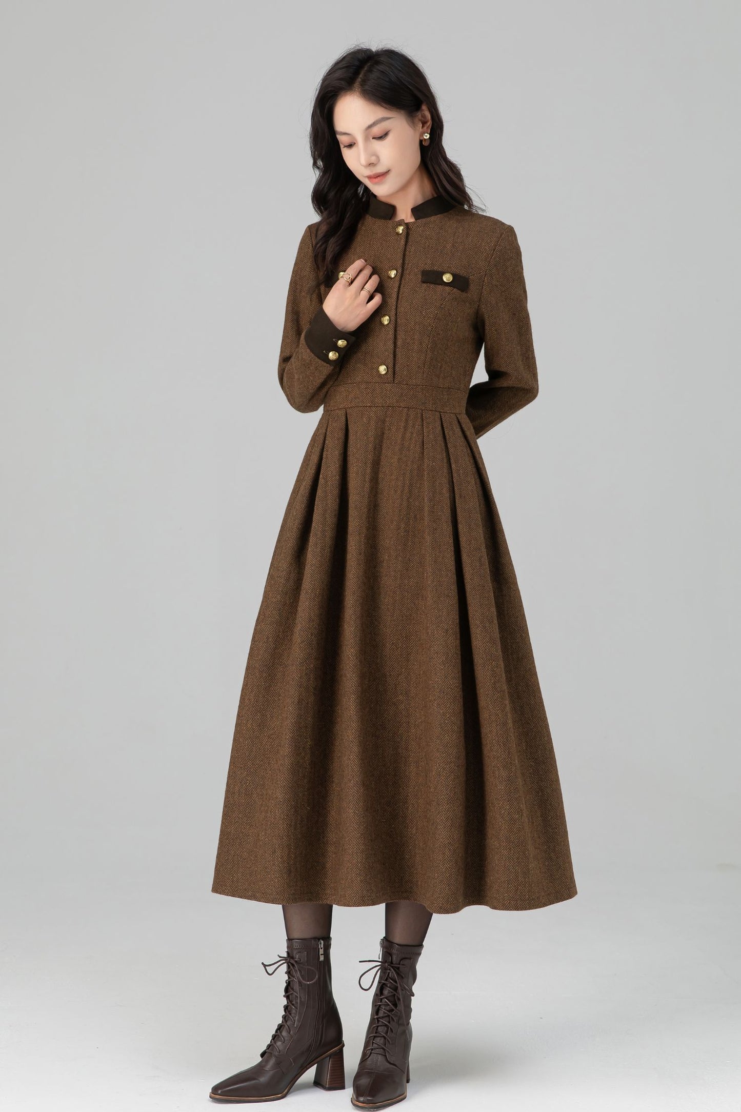 Warm Winter Military Button front Wool Dress Women C5194