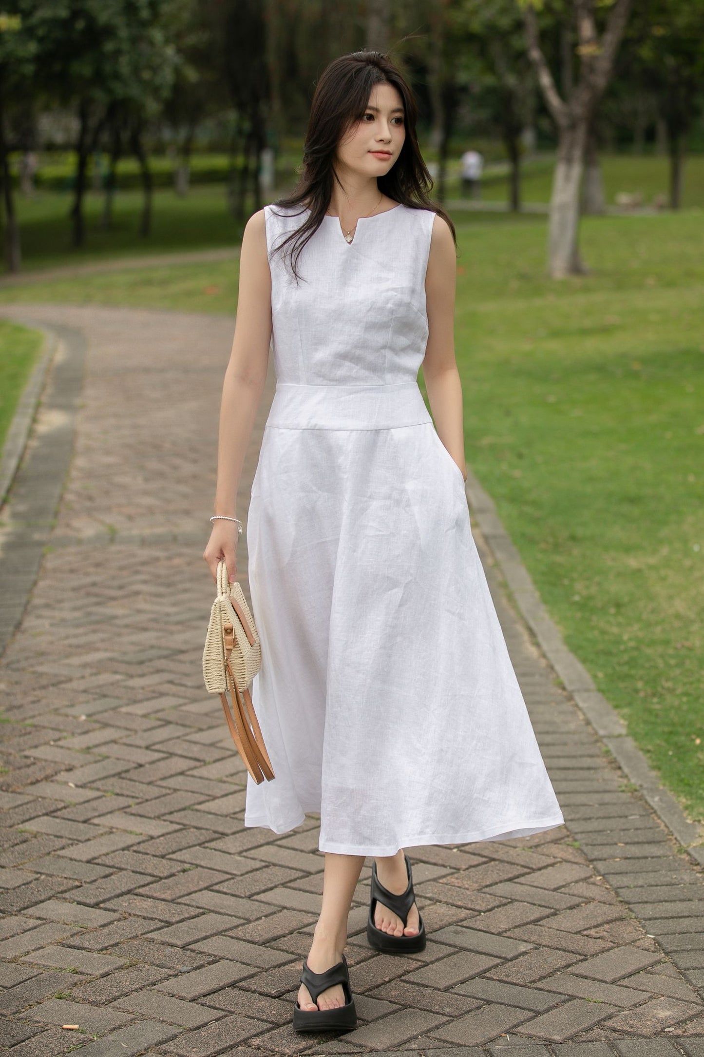 Sleeveless linen midi womens Dress C4013