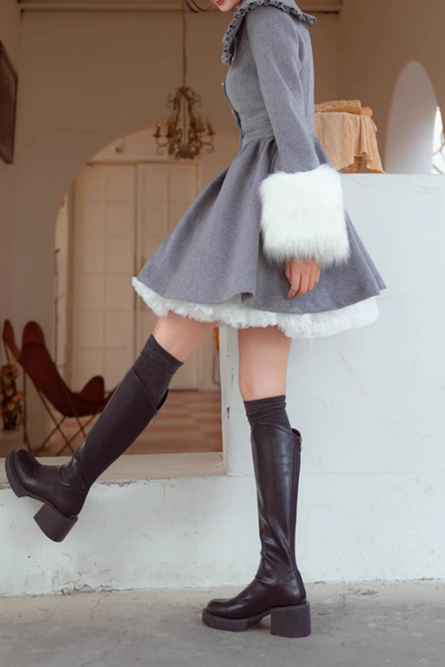 Gray fit and flare winter wool coat C5173