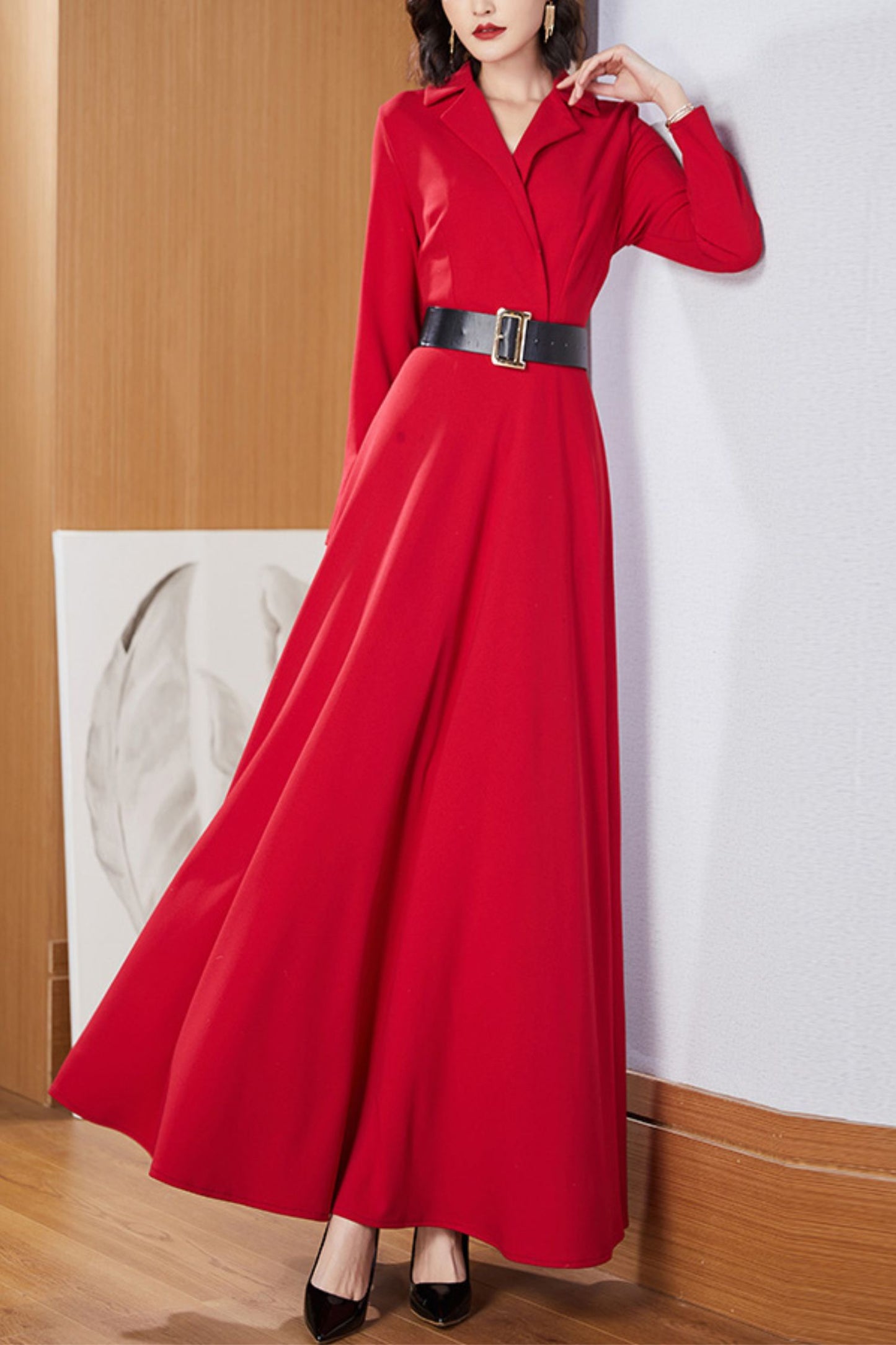 Red long-sleeved suit collar long dress C4177