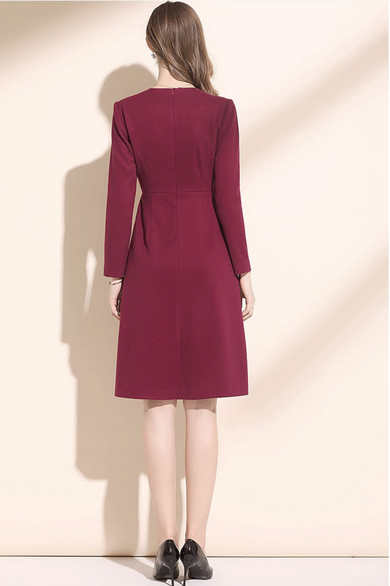 wine red fit and flare wool dress women C3420