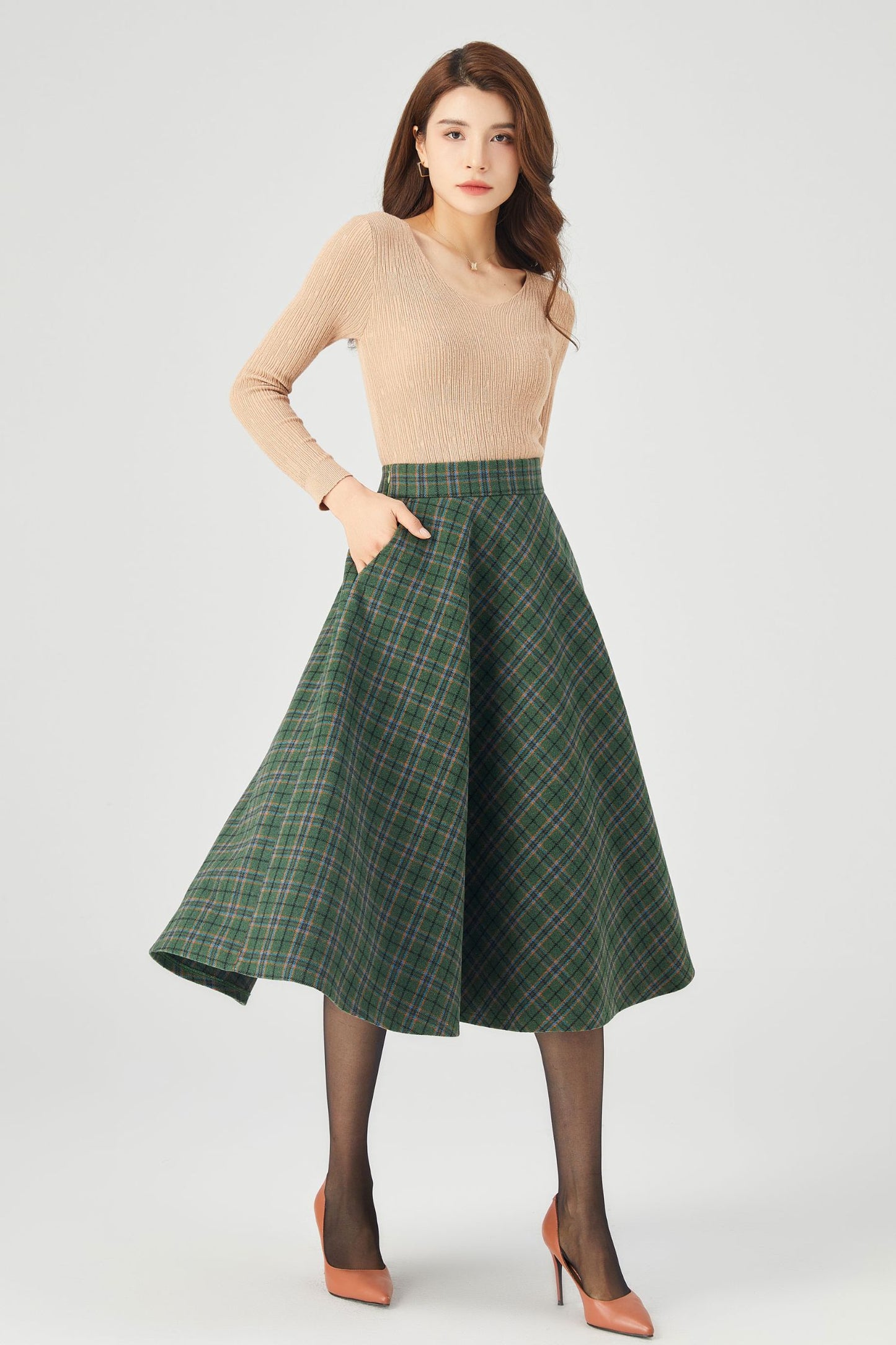 Winter Plaid Midi Wool Skirt C3686